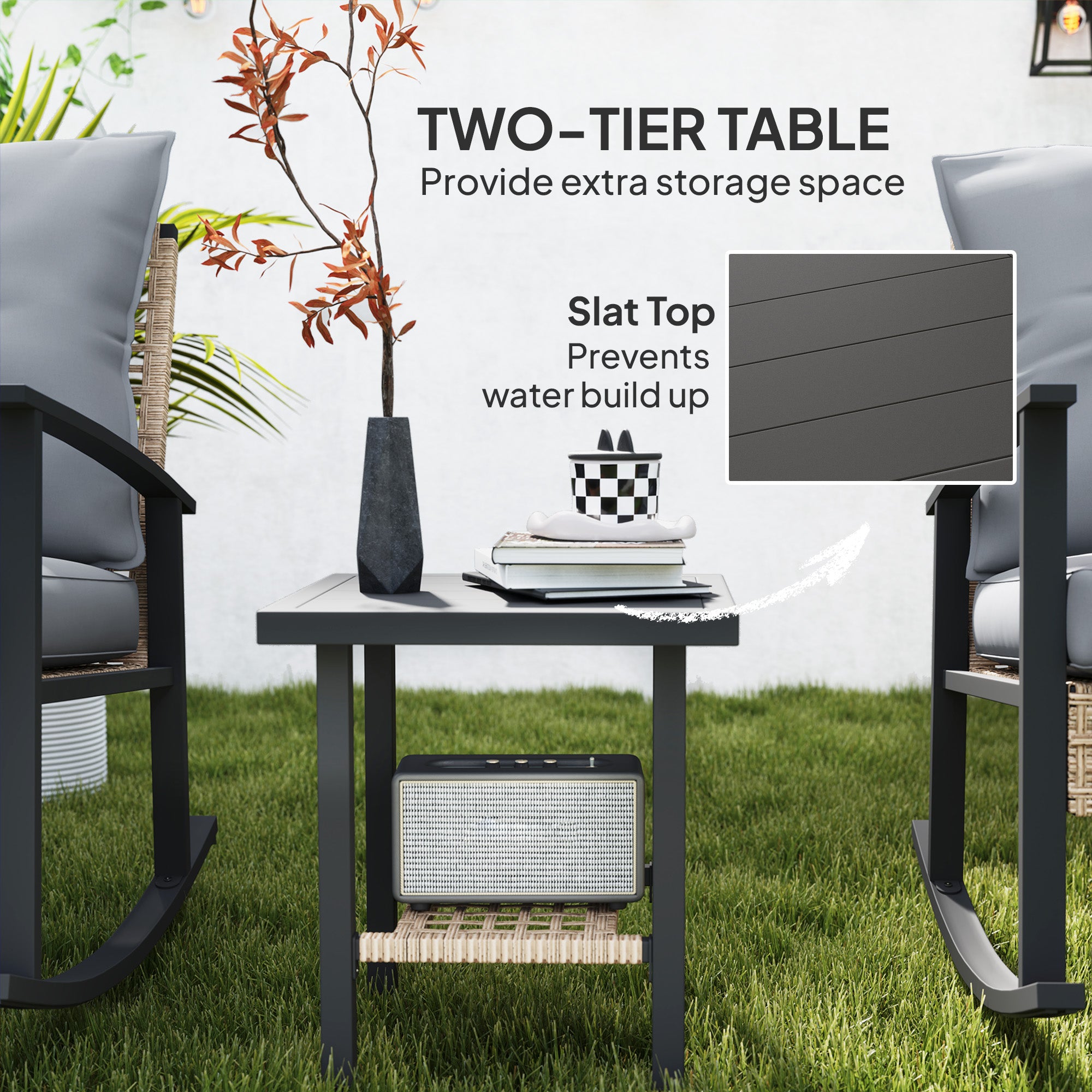 3 Pieces Bistro Set, Patio Wicker Furniture Set with Button Tufted Cushions, Rattan Rocking Chairs, Coffee Table, Gray