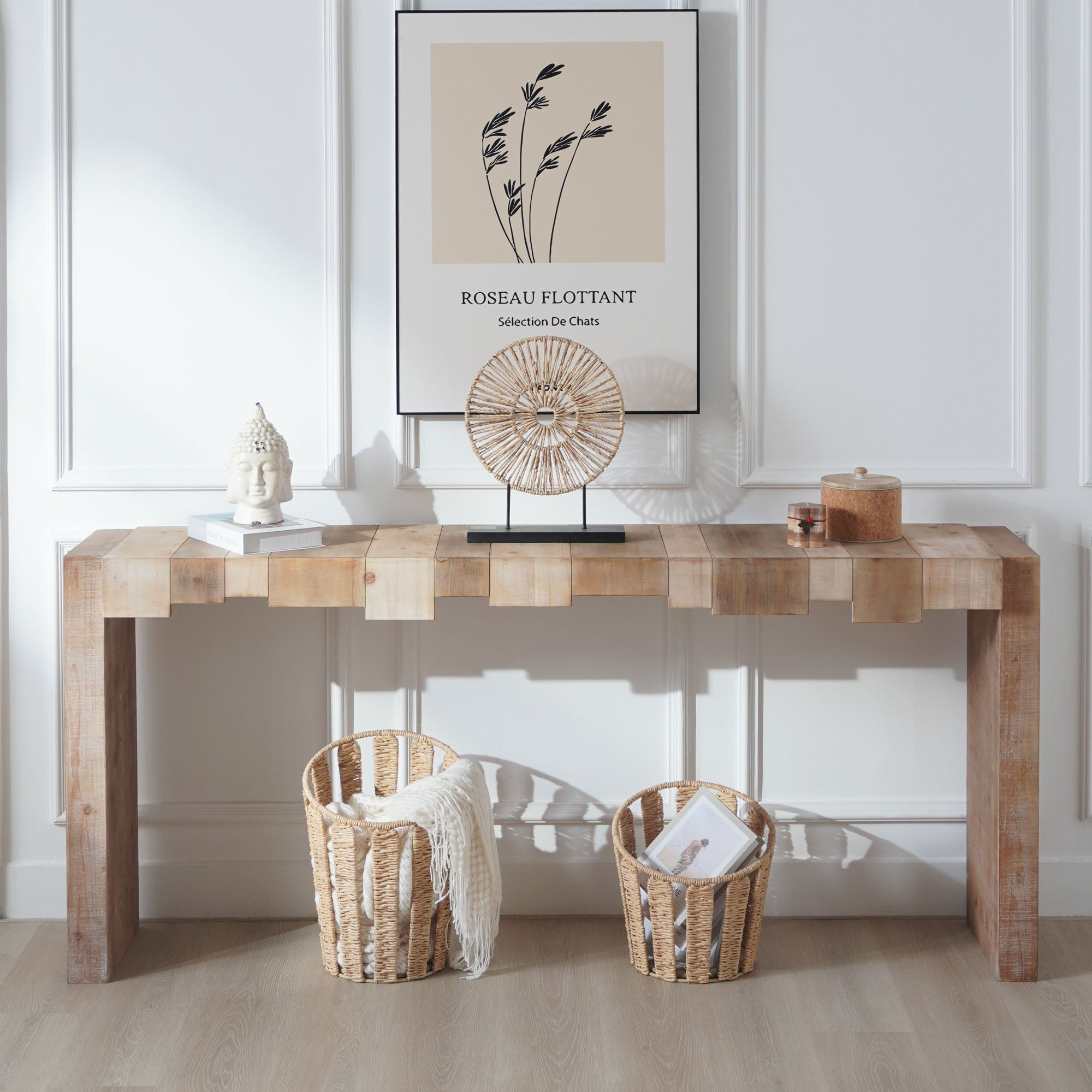 Modern Rustic Console Table - 71  Entryway Table With Sculpted Block Design - Narrow Sofa Table For Hallway, Living Room, Or Foyer