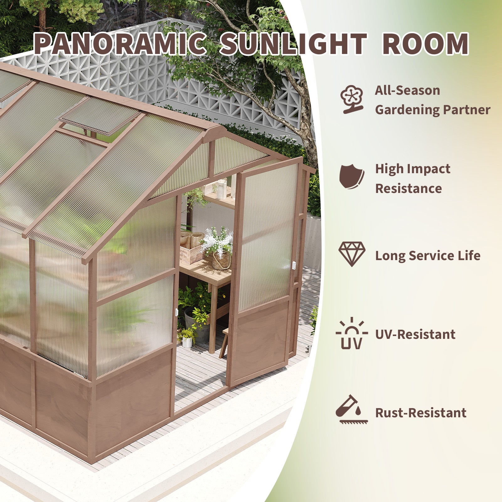 8x10 FT Greenhouse Kit, Wood Greenhouses With 6MM Polycarbonate Panel, Green House With Adjustable Vent & Lockable Door, Walk-in Greenhouse For Outside, Garden,