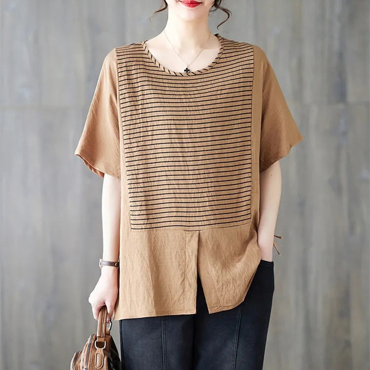 Cotton And Linen Plus Size Women's Clothing Short-sleeved T-shirt Loose Striped Stitching