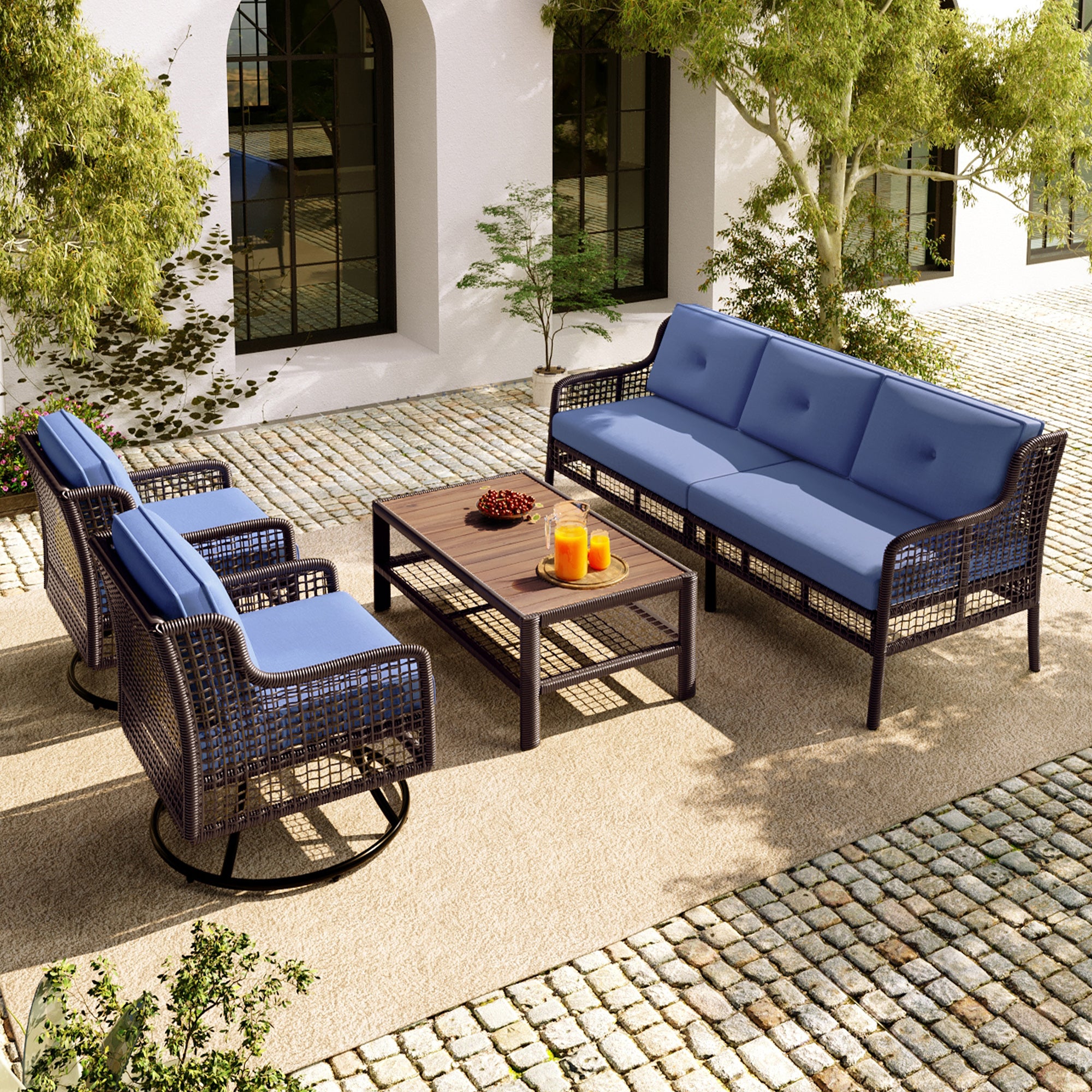 GO 4 Pieces Patio Furniture Set With Swivel Chairs, Outdoor Wicker Sofas For 5-person, Sectional Rattan Outdoor Conversation Set For Poolside  Deck, Blue