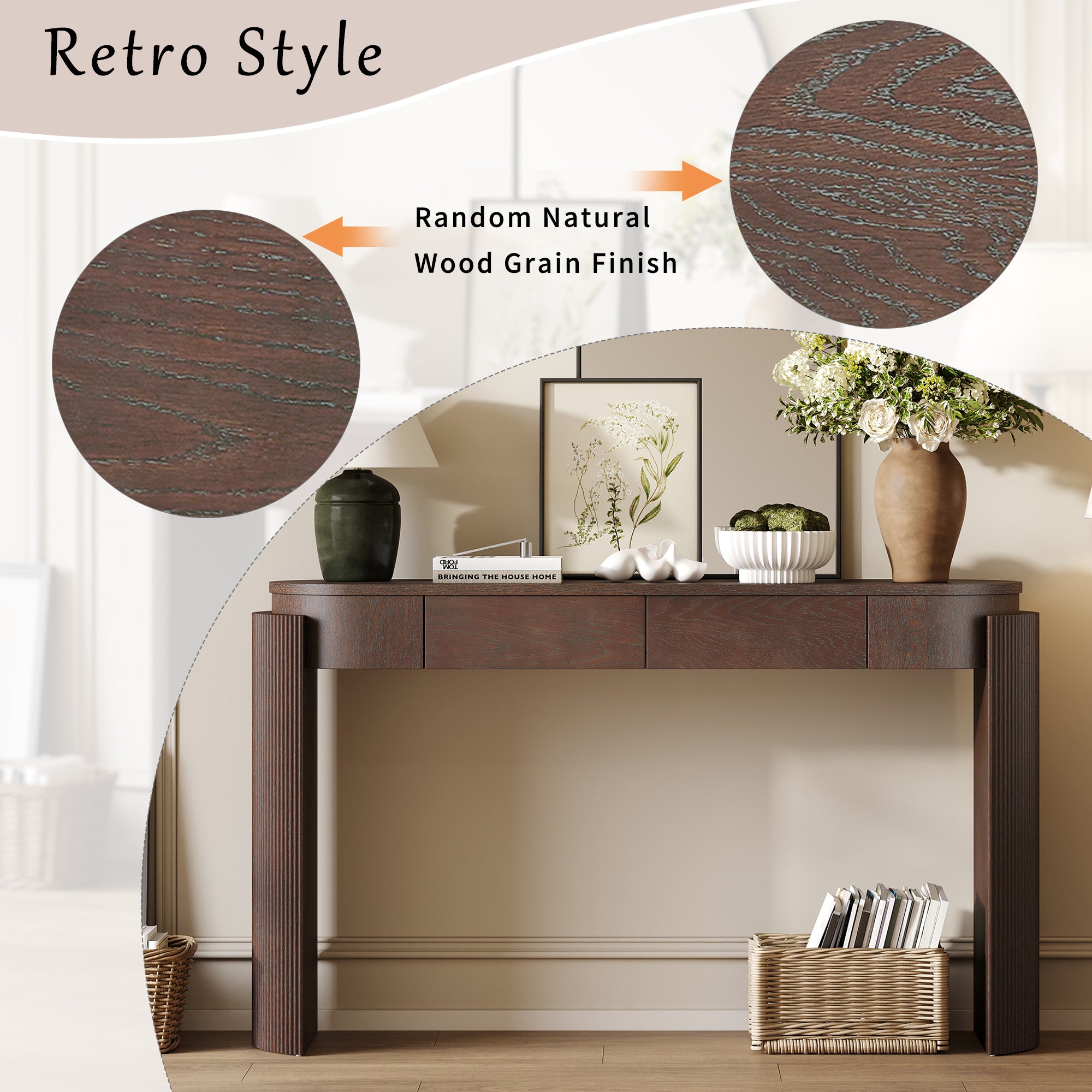 TREXM Entryway Table With Natural Wood Grain Finish  Console Table With Fluted Design  Oval Top And 2 Drawers For Entryway And Living Room  Espresso