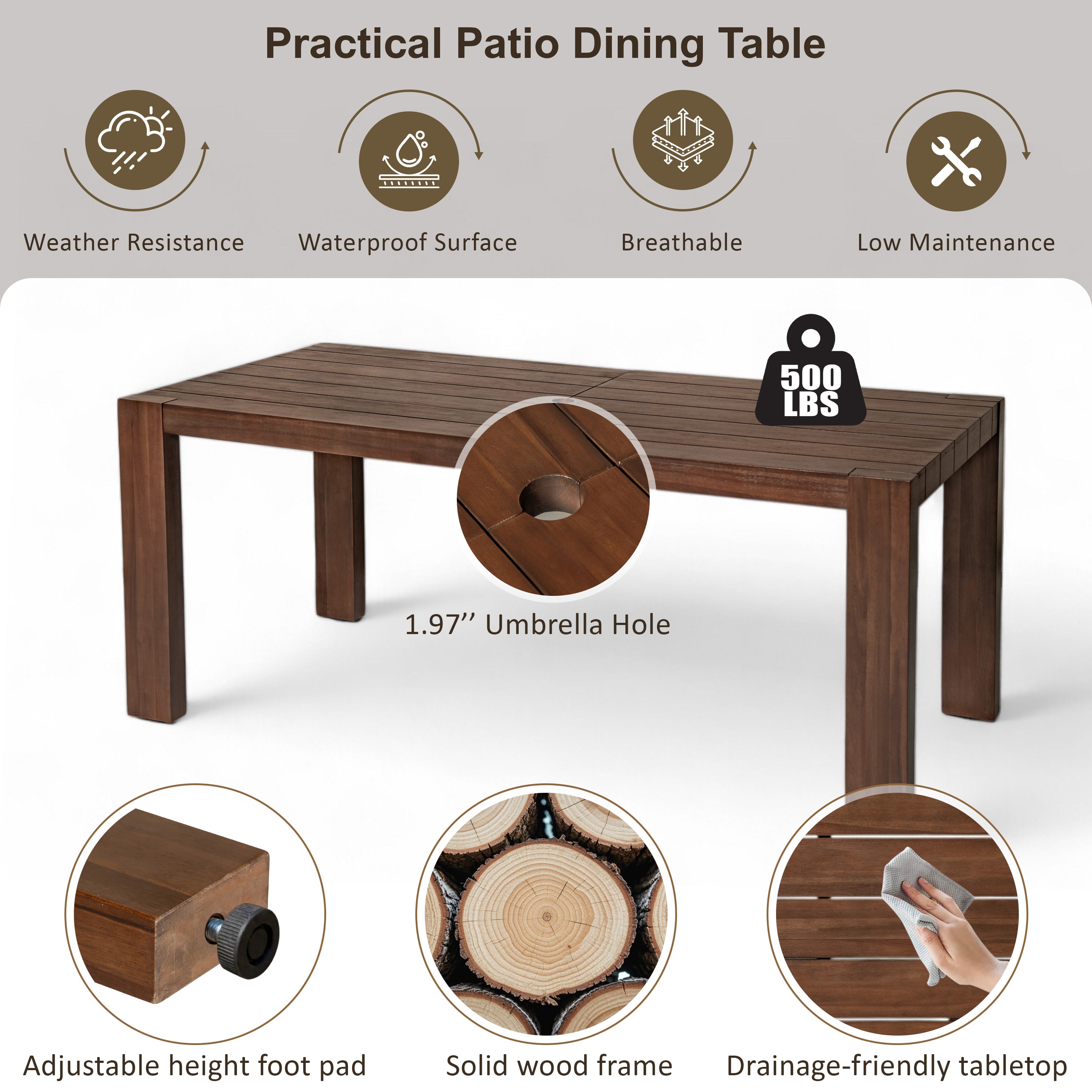 TREXM Patio Dining Table Set For 6  Outdoor Furniture Sets With Umbrella Hole  71 Rectangular Table  Chairs And Bench With Removable Cushions For Backyard  Garden  Poolside  Mocha Beige Cushion