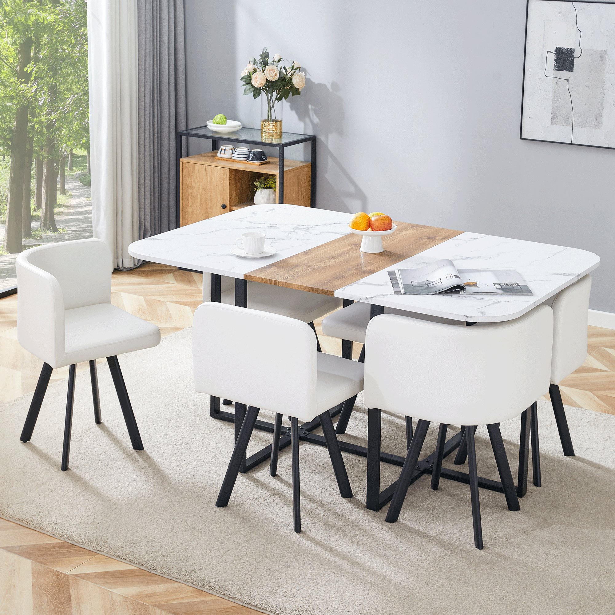 Modern Minimalist Style MDF Marble Pattern Joinery Dining Table With PU Leather Dining Chairs Six Piece Set, Suitable For Modern Minimalist, Nordic, Or Industrial Styles.