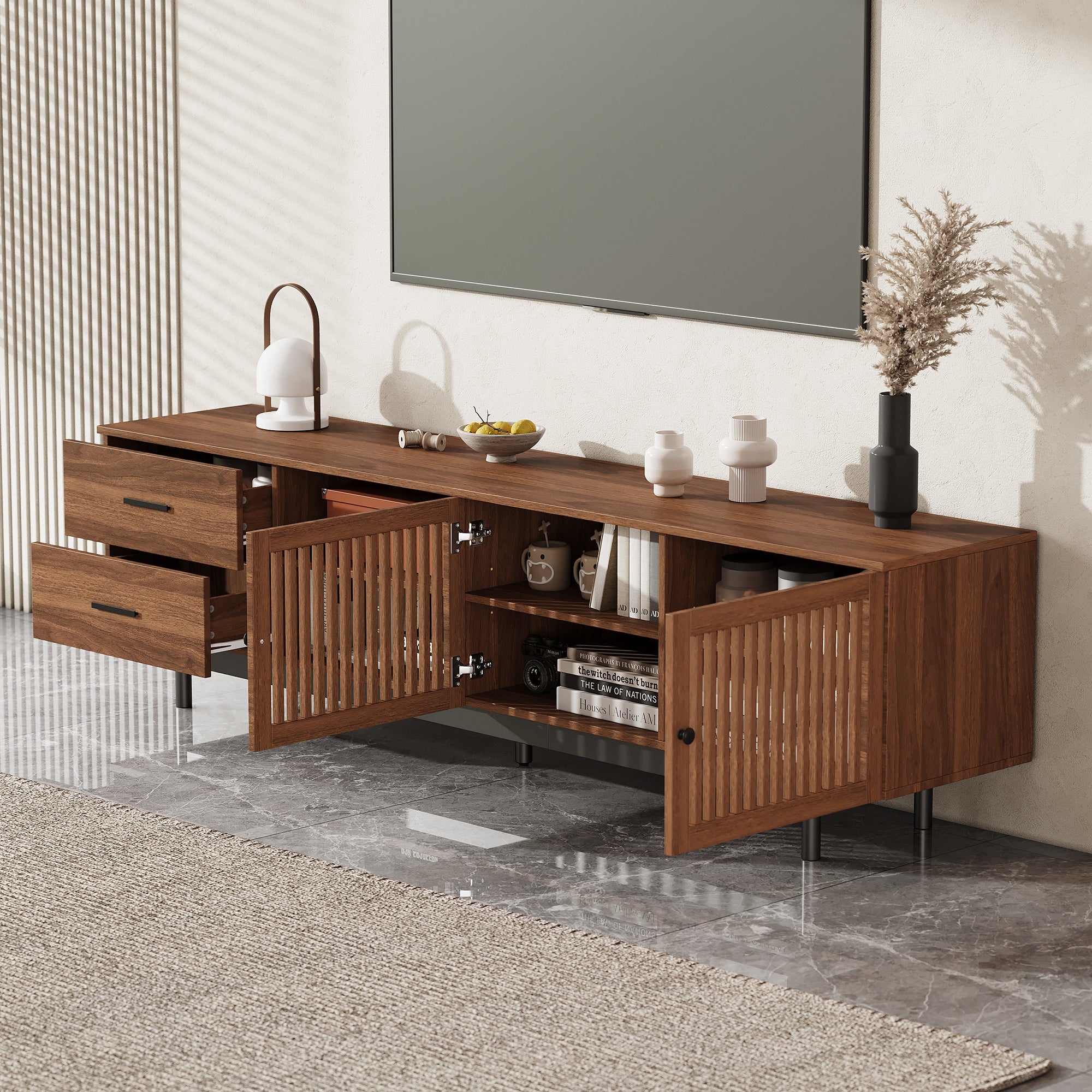 78 Inch Modern TV Stand For TVs Up To 85, Entertainment Center With Deep Drawers & Cable Management, Soft-Closing Hinges, Solid Wood Legs For Living Room
