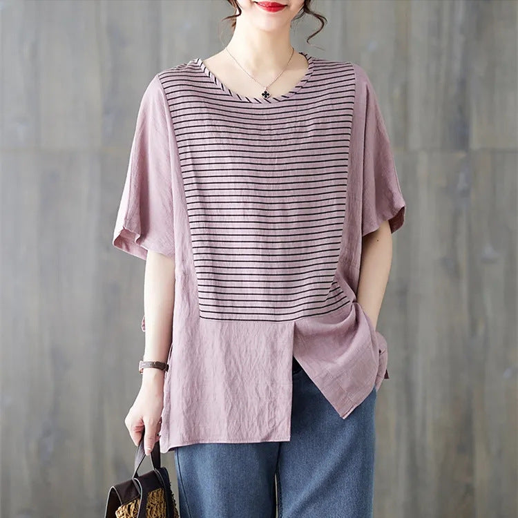 Cotton And Linen Plus Size Women's Clothing Short-sleeved T-shirt Loose Striped Stitching