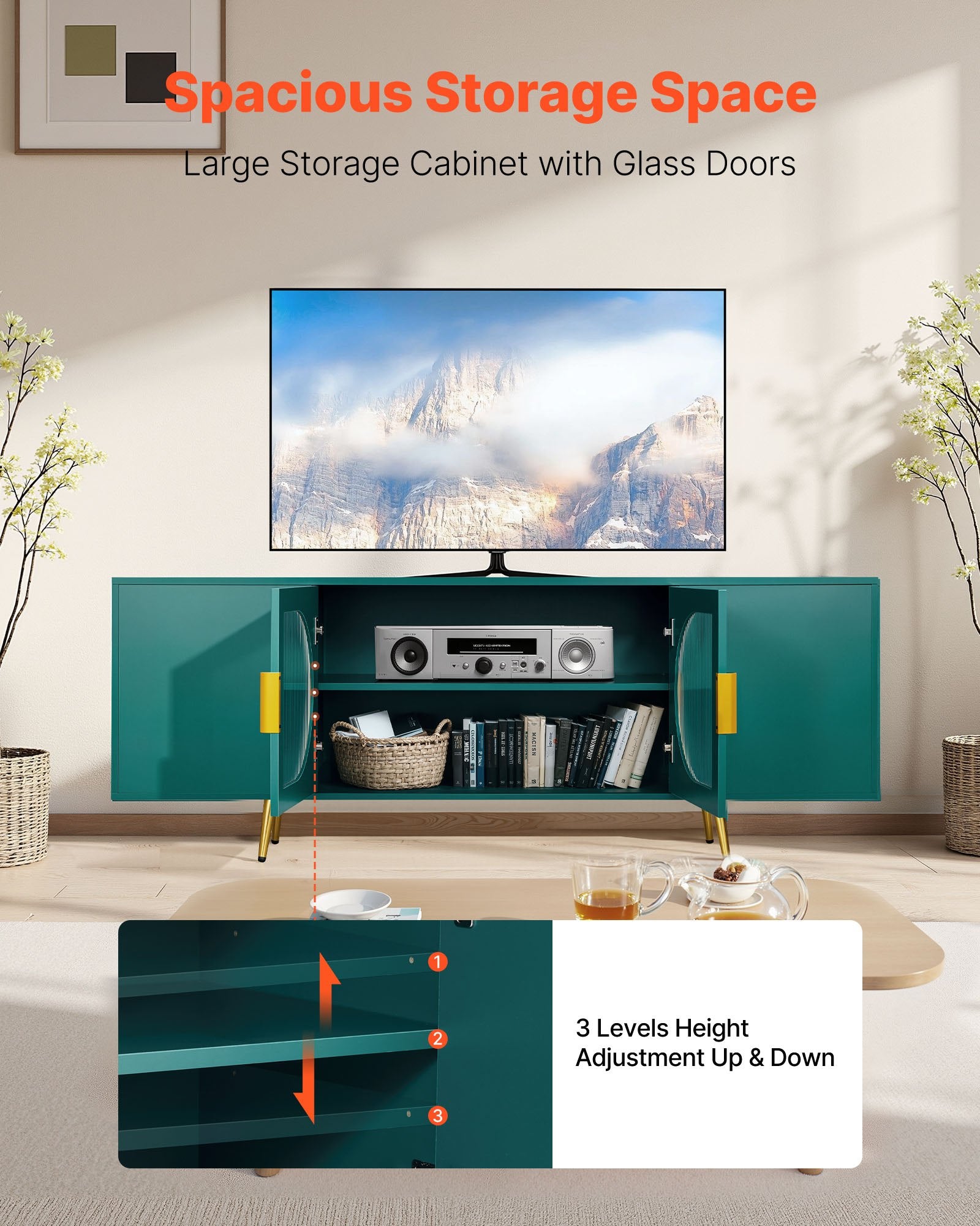 TV Stand For TVs Up To 75 Inch, Modern Entertainment Center With Glass Doors And Gold Legs, TV Cabinet Storage With Adjustable Shelves, Media Console Table For Living Room And Bedroom, Green