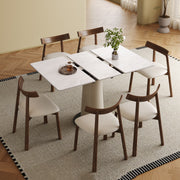 Retractable Rock Slab Dining Table Set  Modern 7-Piece Expandable Table With 6 Wooden Leg Chairs & Leather-Wrapped Base  Space Saving Kitchen Set For Small Apartments