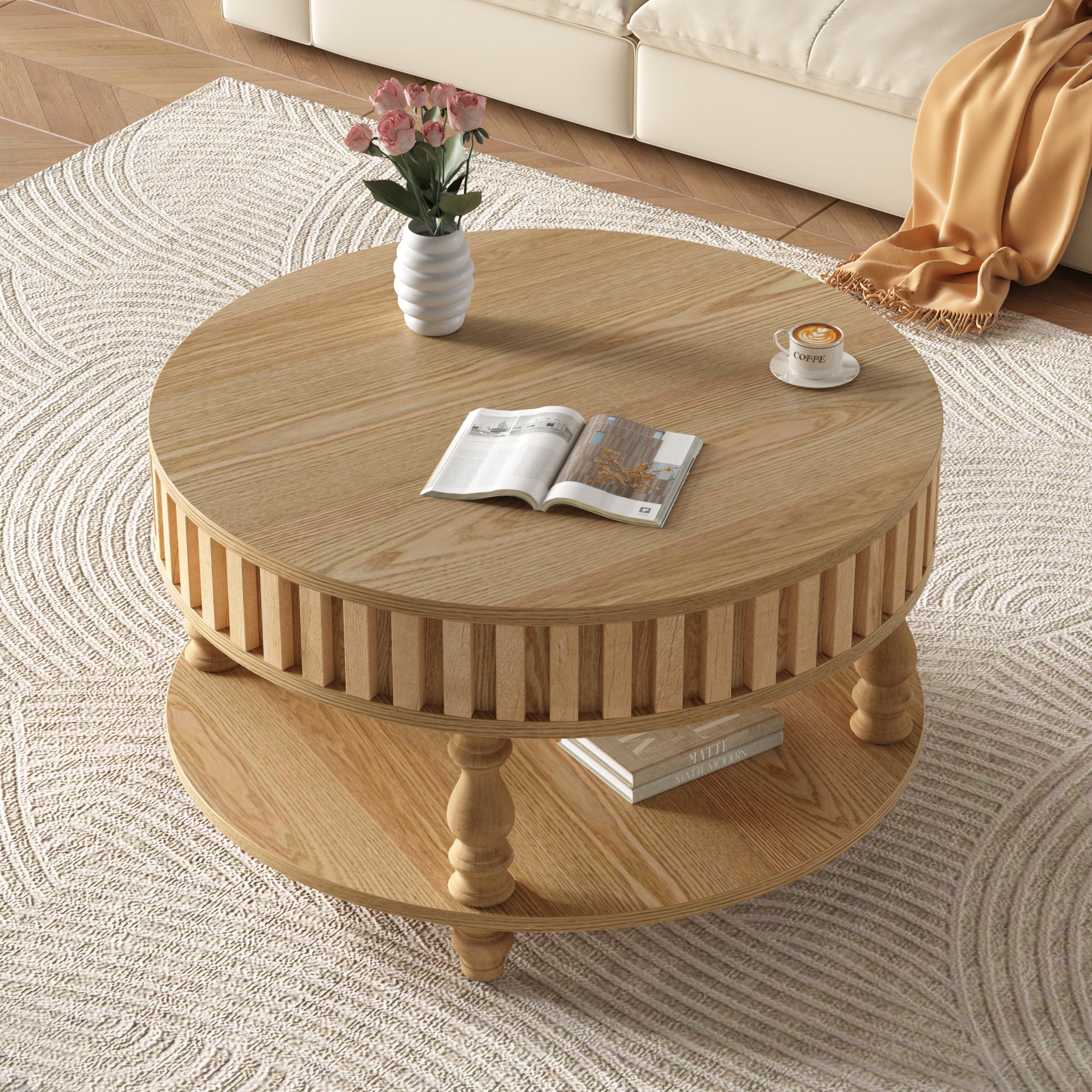 Mid Century Modern Fluted Coffee Table With Storage, Natural Wood Finish Center Table With Flip-Top Lid And Solid Wood Legs For Living Room