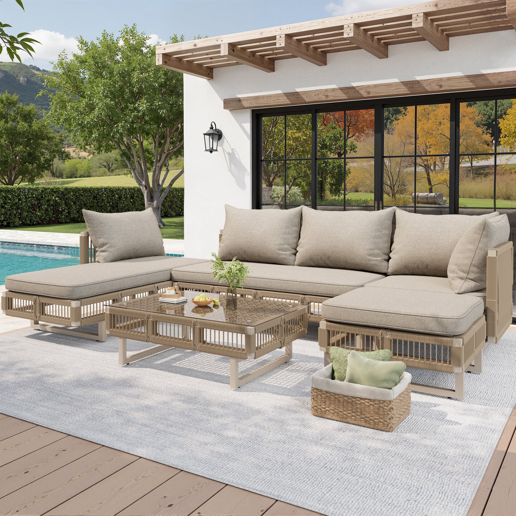Modular Rope-Woven Outdoor Sofa Set With Tempered Glass Coffee Table, 10cm Thick Cushions, For Patio & Poolside