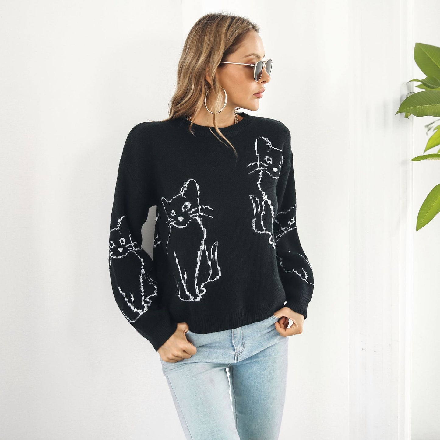 Loose Autumn And Winter Long Sleeve Cat Brocade Sweater Women