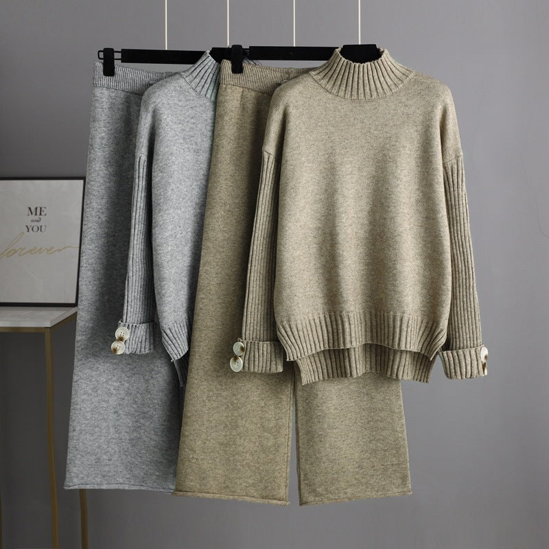 Knitting Suit Women's Mock Neck Sweater Thick Loose Two-piece Set