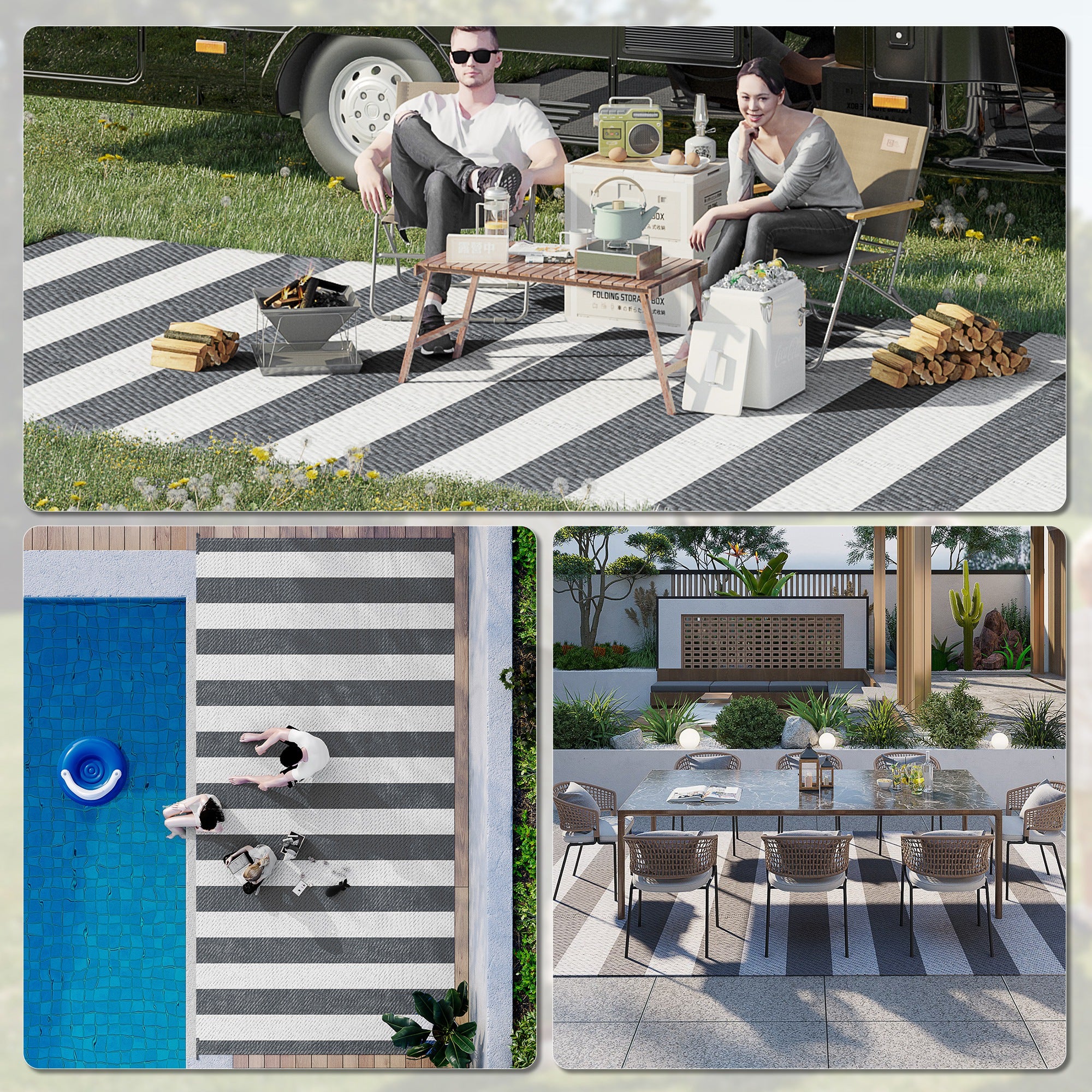 Reversible Outdoor Rug, 9' x 18' Waterproof Plastic Straw Floor Mat, Portable RV Camping Carpet, Large Floor Mat for Backyard, Deck, Picnic, Beach, Gray & White Striped