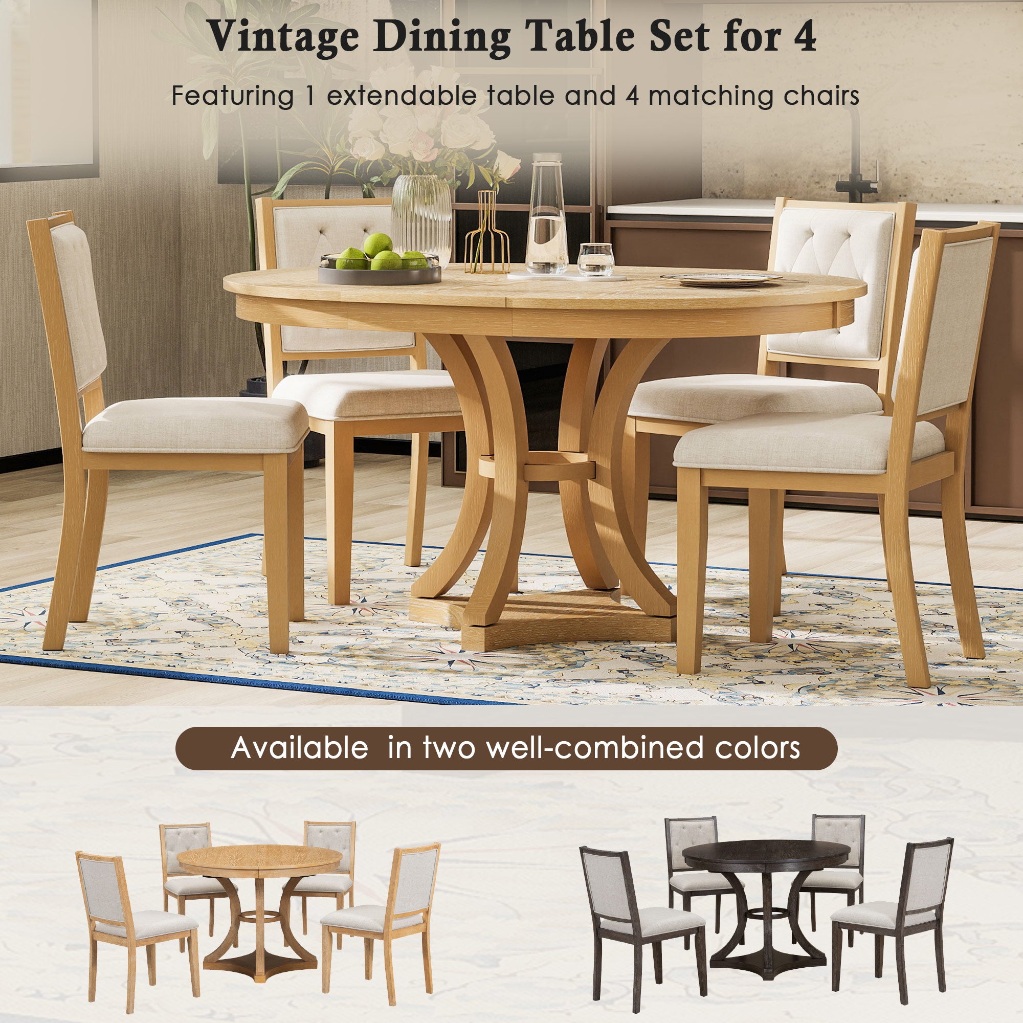 TREXM 5-Piece Retro Functional Dining Table Set Extendable Round Table And 4 Upholstered Chairs For Dining Room And Living Room  Natural