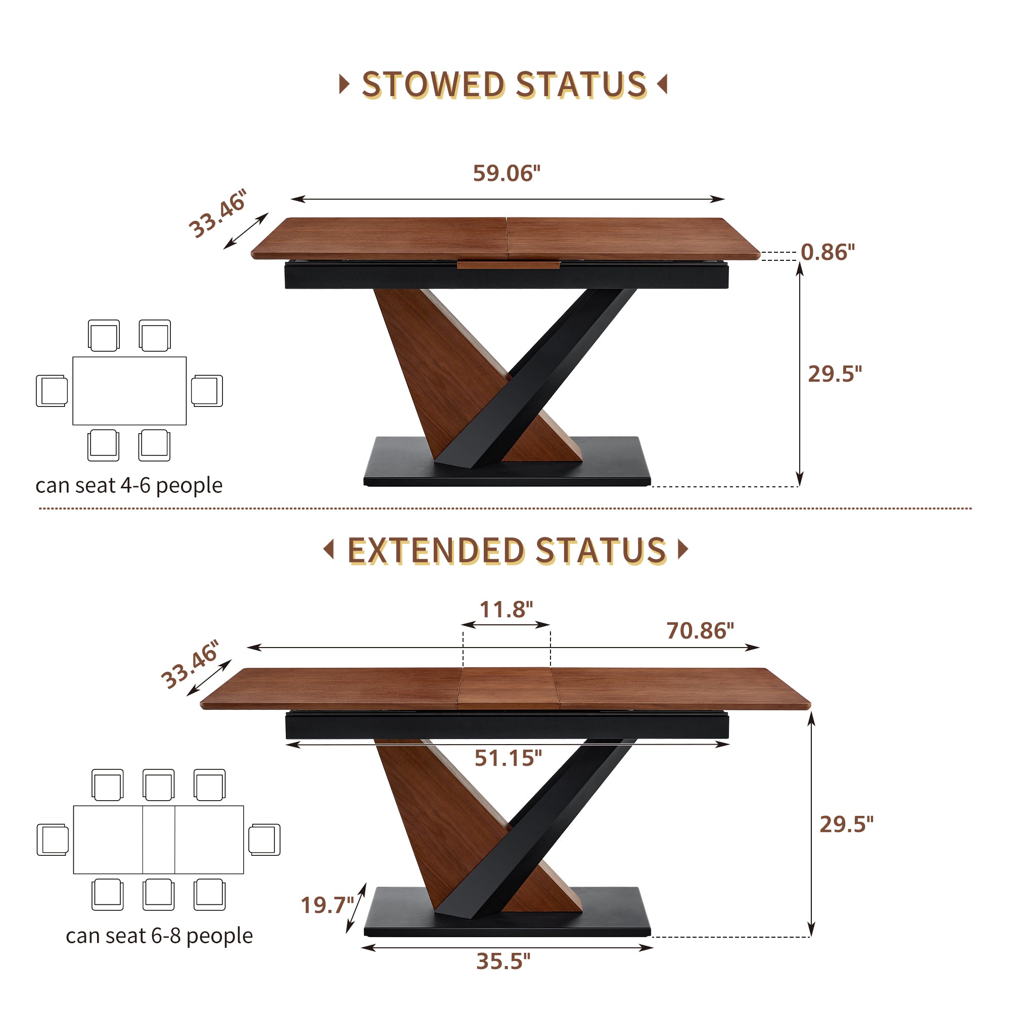 Modern Dining Table With MDF   Solid Wood Veneer Tabletop, Natural Texture, Scratch-Resistant, Cross Geometric Metal Legs For Contemporary Kitchen & Dining Room  Dark Walnut, 1 Table