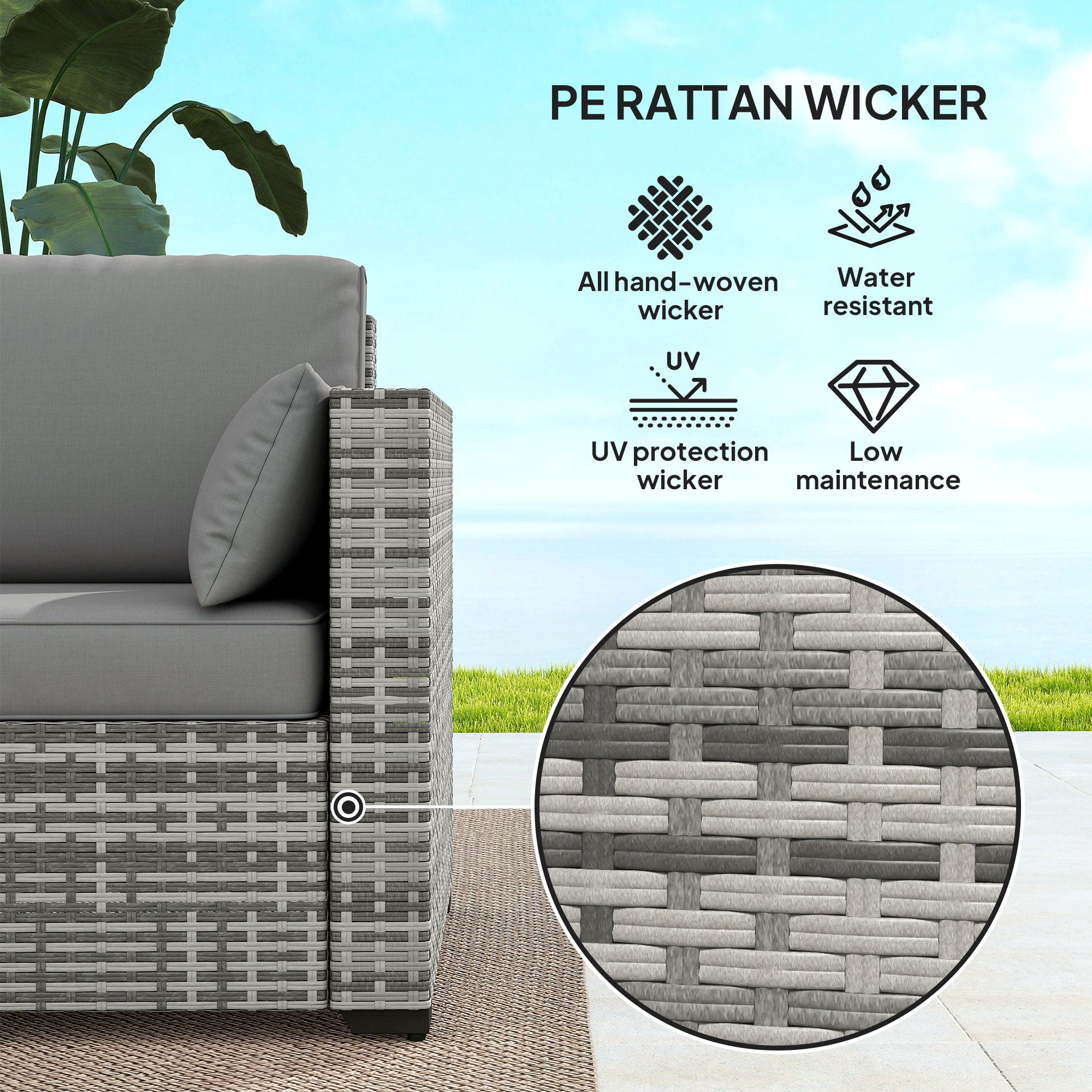 Patio Couch PE Wicker Deep Seating Outdoor Sofa with Removable Cushions, 3 Seater Rattan Sofa, Outdoor Furniture for Balcony, Deck, Garden and Poolside, Gray