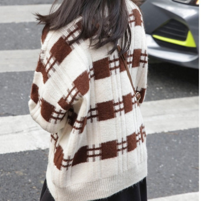 Pullover Plaid Sweater For Women Loose Outer Wear