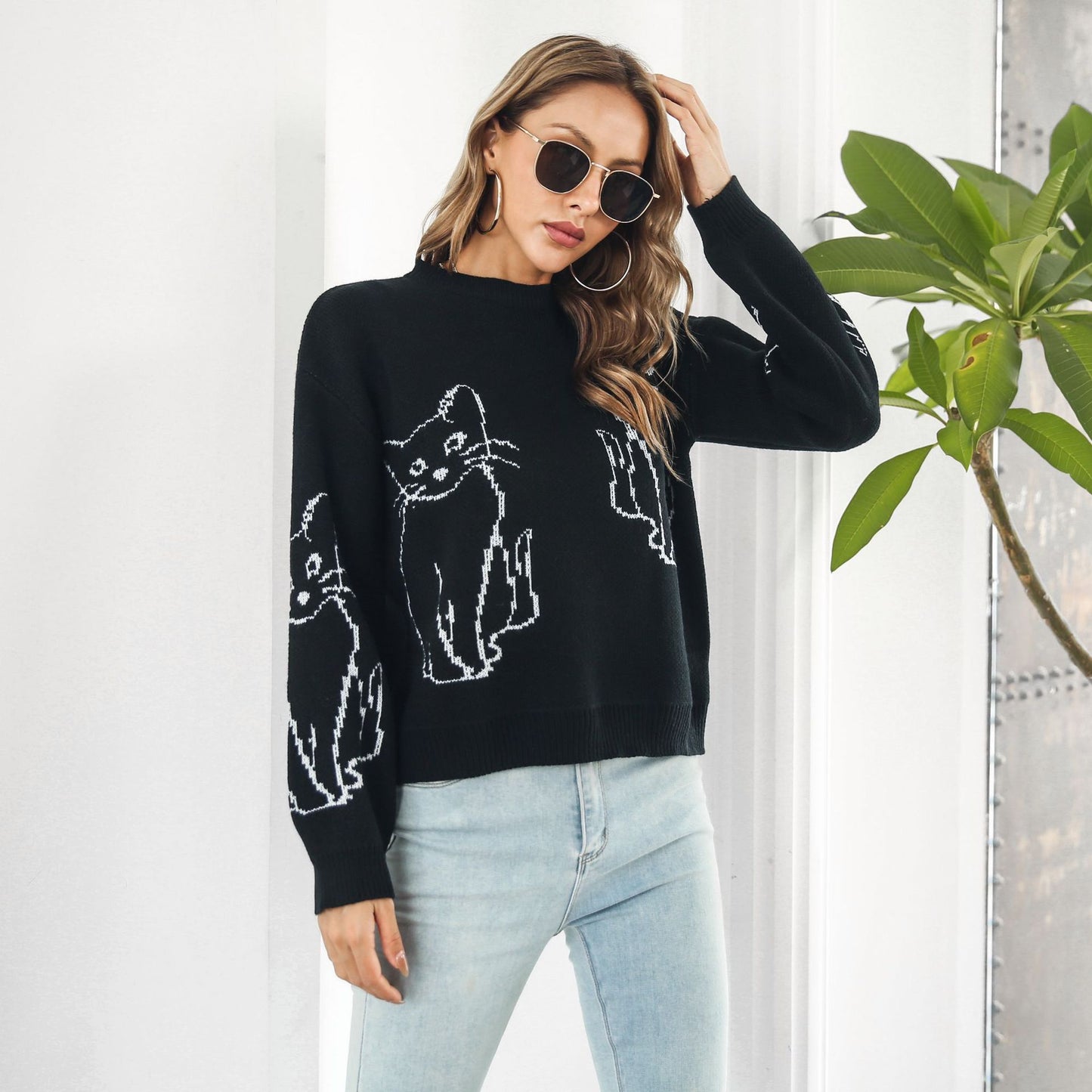 Loose Autumn And Winter Long Sleeve Cat Brocade Sweater Women