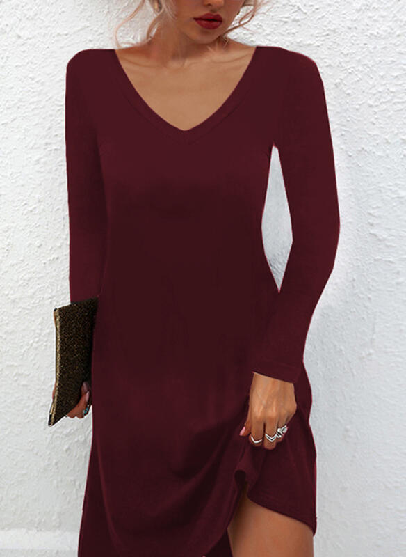 Solid Color Casual Deep V Pullover Dress