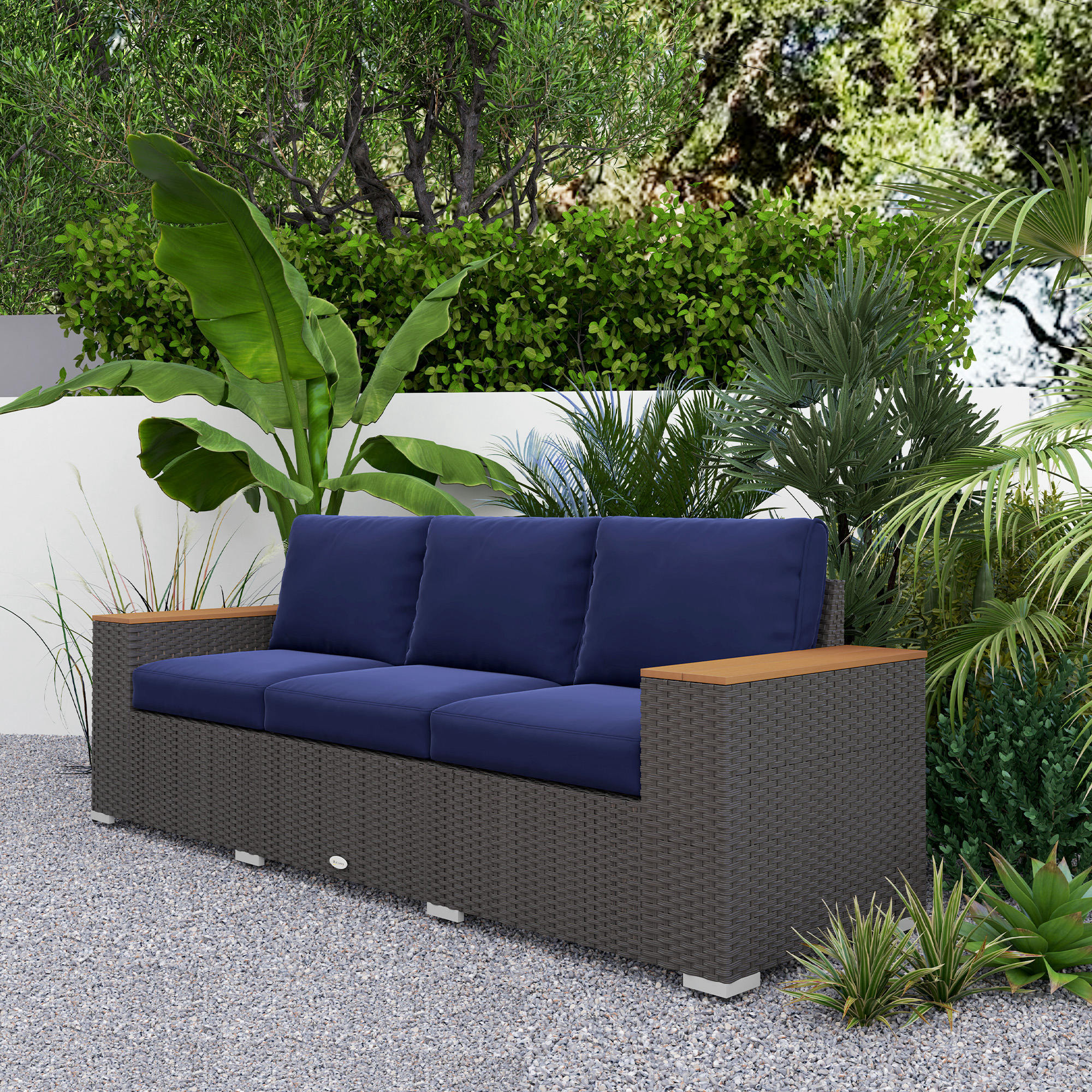 3-Seat Outdoor Patio Sofa, PE Wicker Outdoor Couch with  Extra Wide Deep Seat, Wide Armrests 4" Cushions, Navy Blue