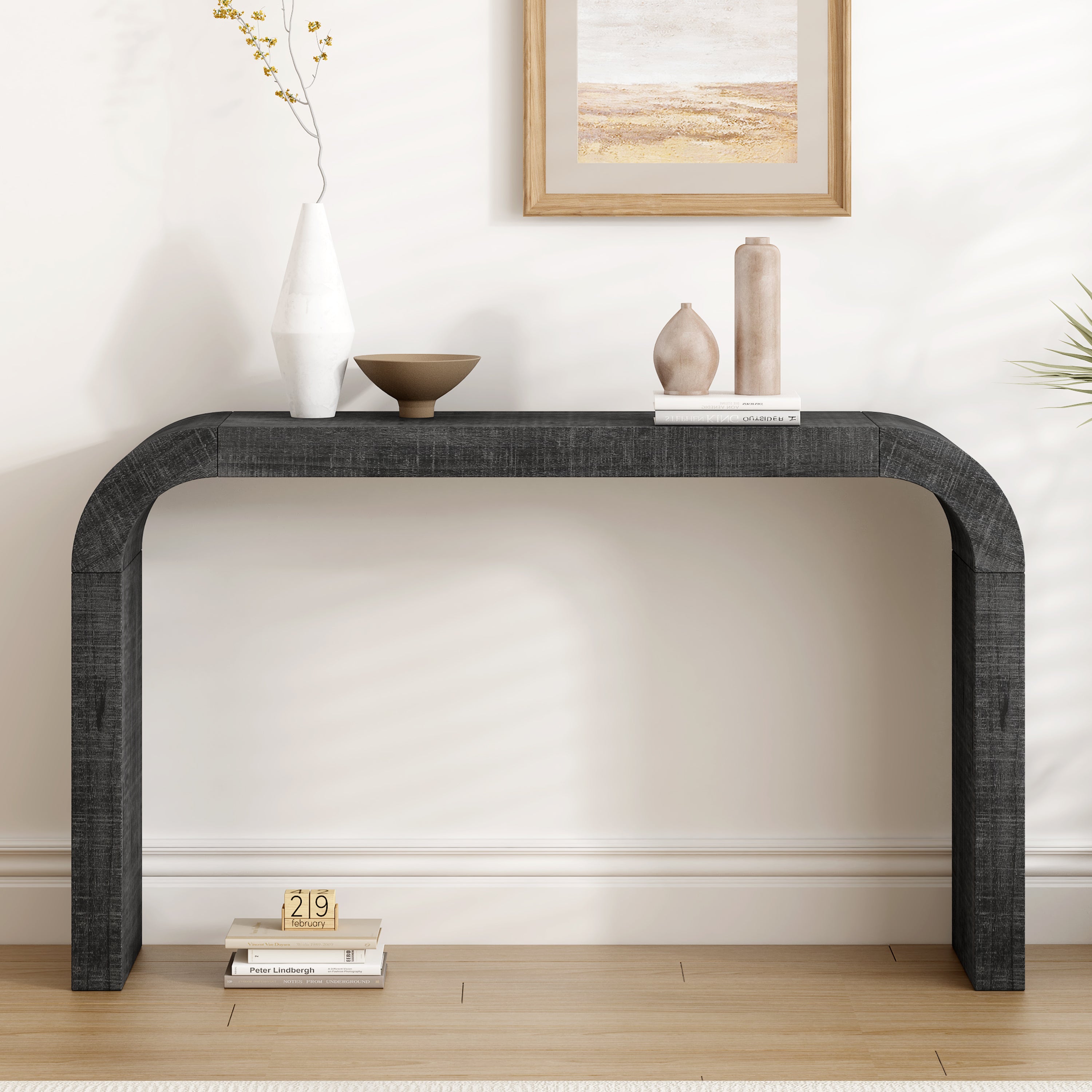 52  Wood Console Table With Curved Edge, Natural Texture, Perfect For Entryways And Living Rooms