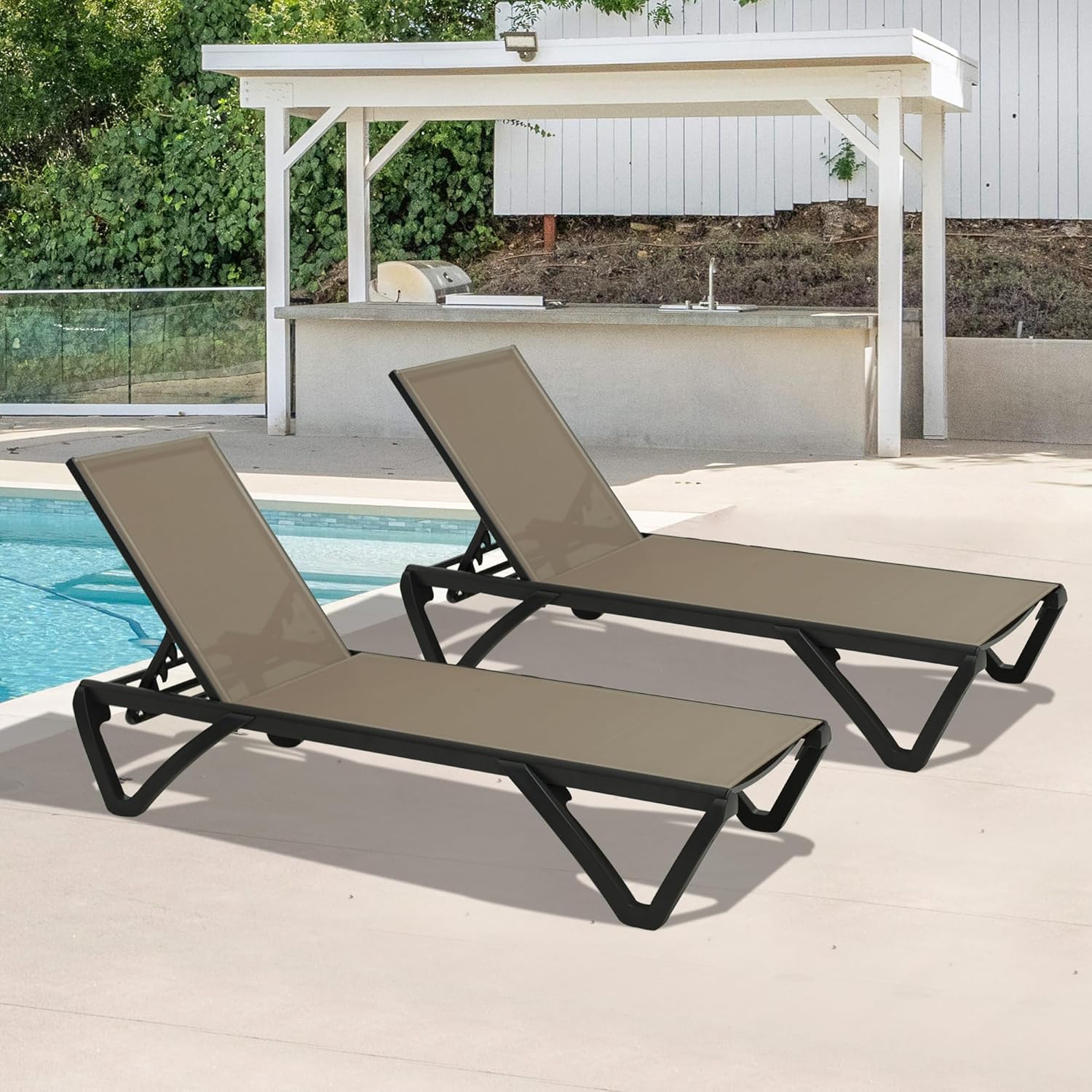 Pool Lounge Chairs Set Of 2, Aluminum Patio Chaise Lounge With Wheels, 5 Position Adjustable, All Weather Outdoor Lounge Chairs For Beach, Yard, Balcony, Poolside, Khaki