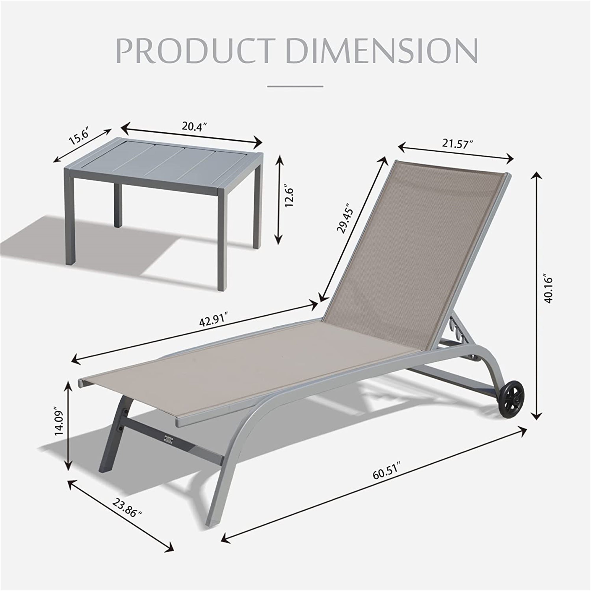 Chaise Lounge Outdoor Set Of 3, Lounge Chairs For Outside With Wheels, Outdoor Lounge Chairs With 5 Adjustable Position, Pool Lounge Chairs For Patio, Beach  Khaki,2 Lounge Chairs 1 Table