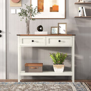 Farmhouse Style Console Table With 2 Drawer And Bottom Storage Shelf For Entryway, Rustic Side Table With Storage Drawer And Shelf For Living Room, Hallway Antique White