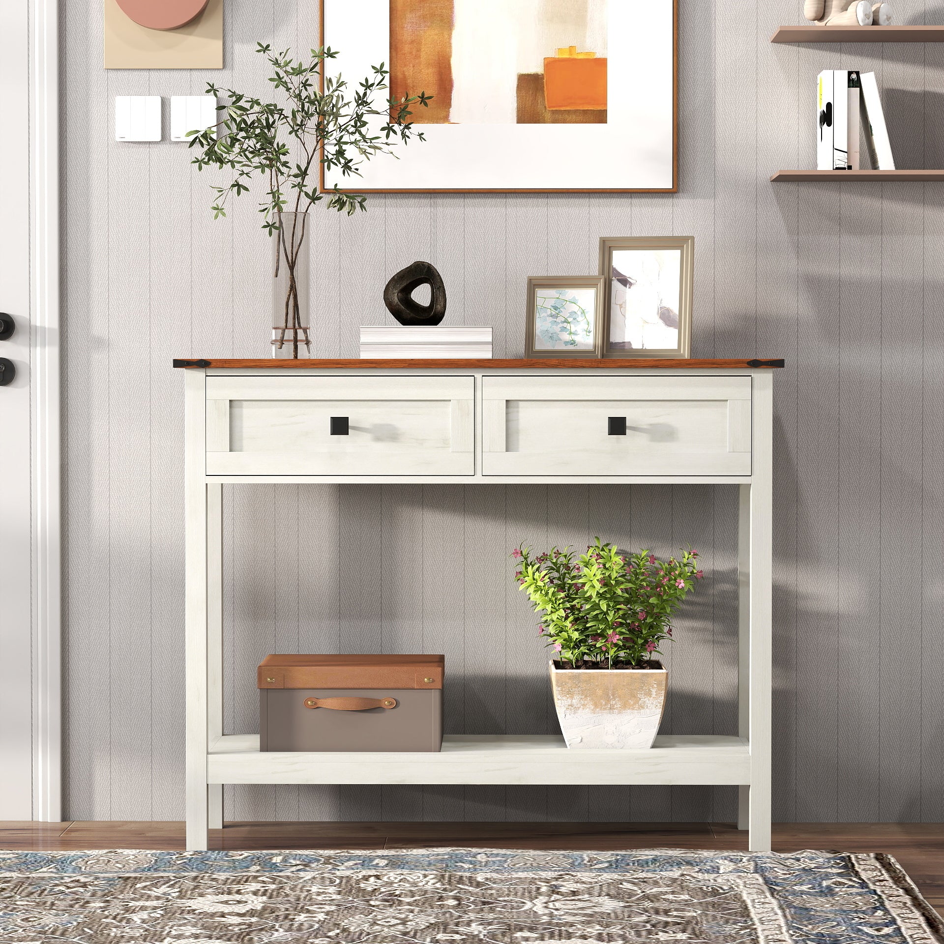 Farmhouse Style Console Table With 2 Drawer And Bottom Storage Shelf For Entryway, Rustic Side Table With Storage Drawer And Shelf For Living Room, Hallway Antique White