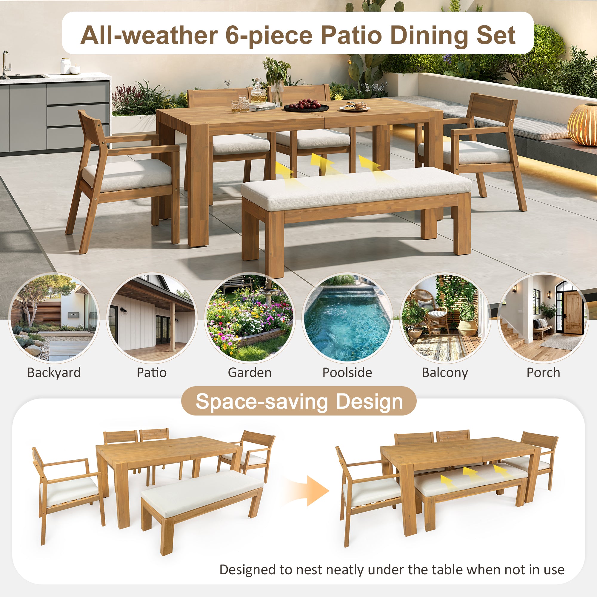 TREXM Patio Dining Table Set For 6  Outdoor Furniture Sets With Umbrella Hole  71 Rectangular Table  Chairs And Bench With Removable Cushions For Backyard  Garden  Poolside  Light Teak Beige Cushion
