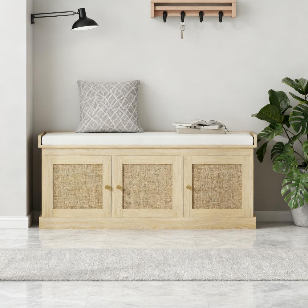 Shoe Storage Bench With Woven Rattan Doors, Shoe Bench
