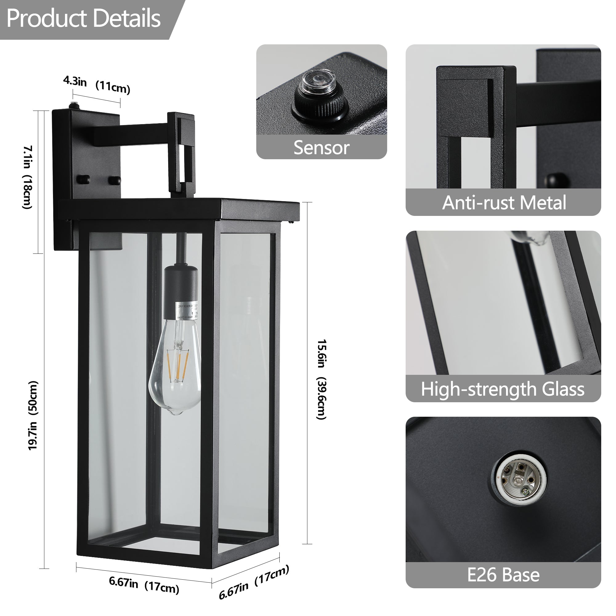 20  H  Set Of 2 Modern Outdoor Wall Lanterns With Black Metal Frame And Clear Glass, Ambient Light Sensors,Weatherproof Wall Sconces For Porch, Garage, Or Entryway Lighting, E26 Bulb Compatible
