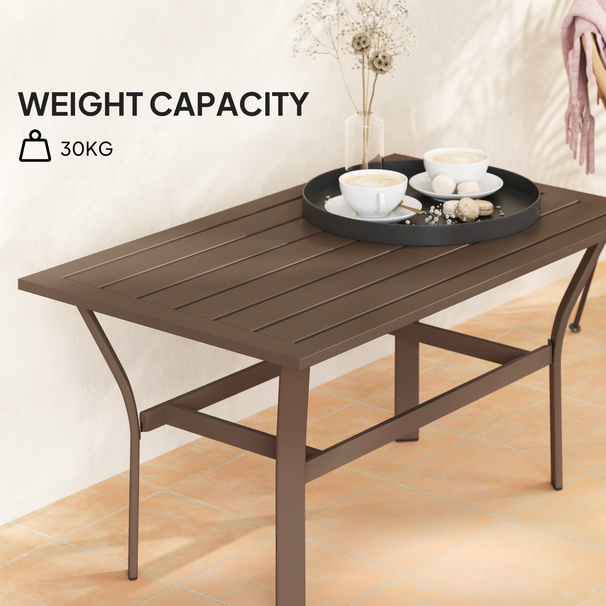 Outdoor Coffee Table with Slatted Tabletop, All-Weather Rectangle Metal Patio Coffee Table for Garden, Brown