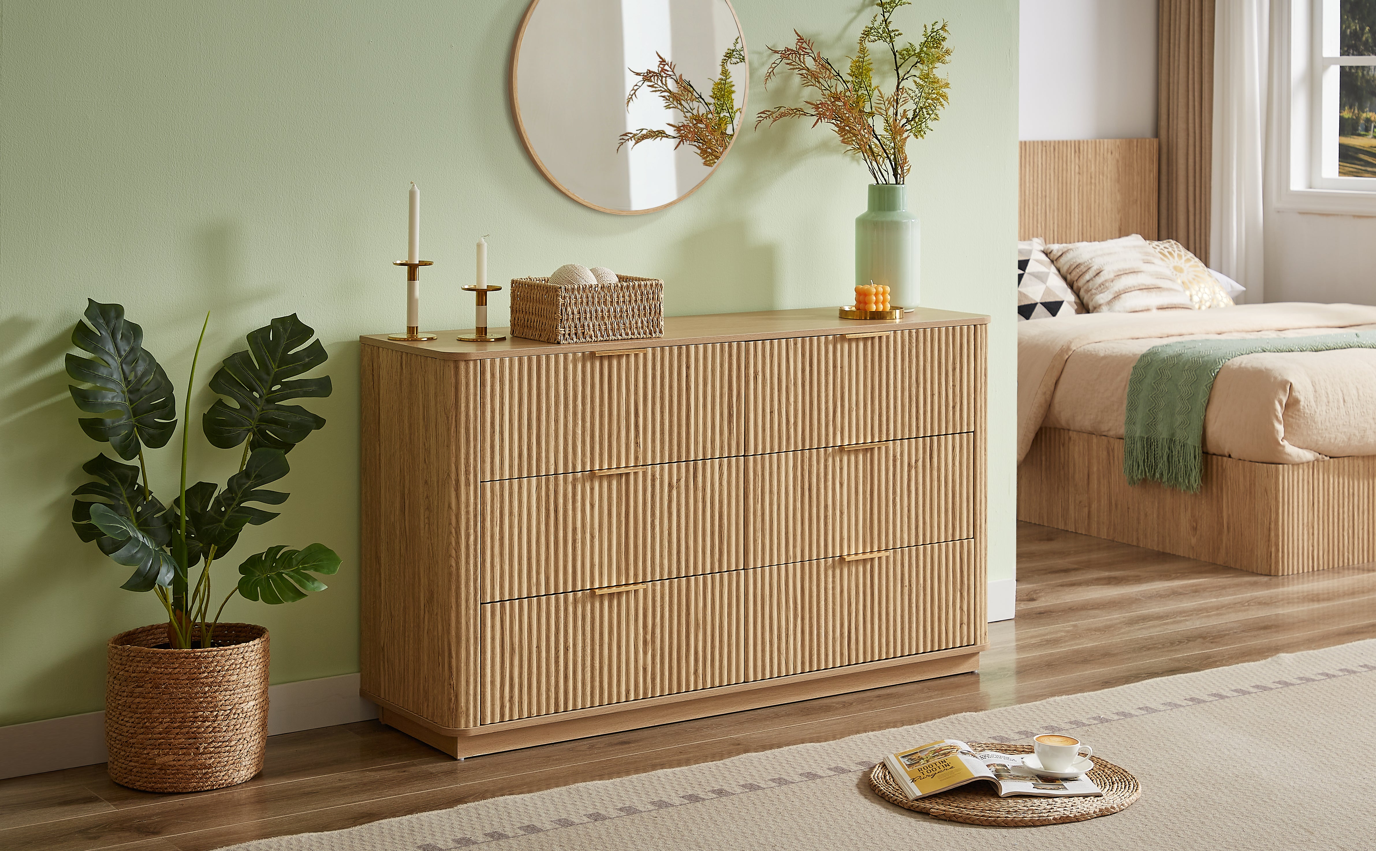 6 Drawers Dresser,55 Wide Modern Chest Of Drawers Curved Wave Design, Dresser TV Stand, Wood Drawer Organizer For Bedroom, Living Room, Hallway, Walnut,55.12W X 15.75D X 31.5H.