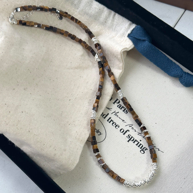 925 Sterling Silver Stitching Tiger Eye Necklace