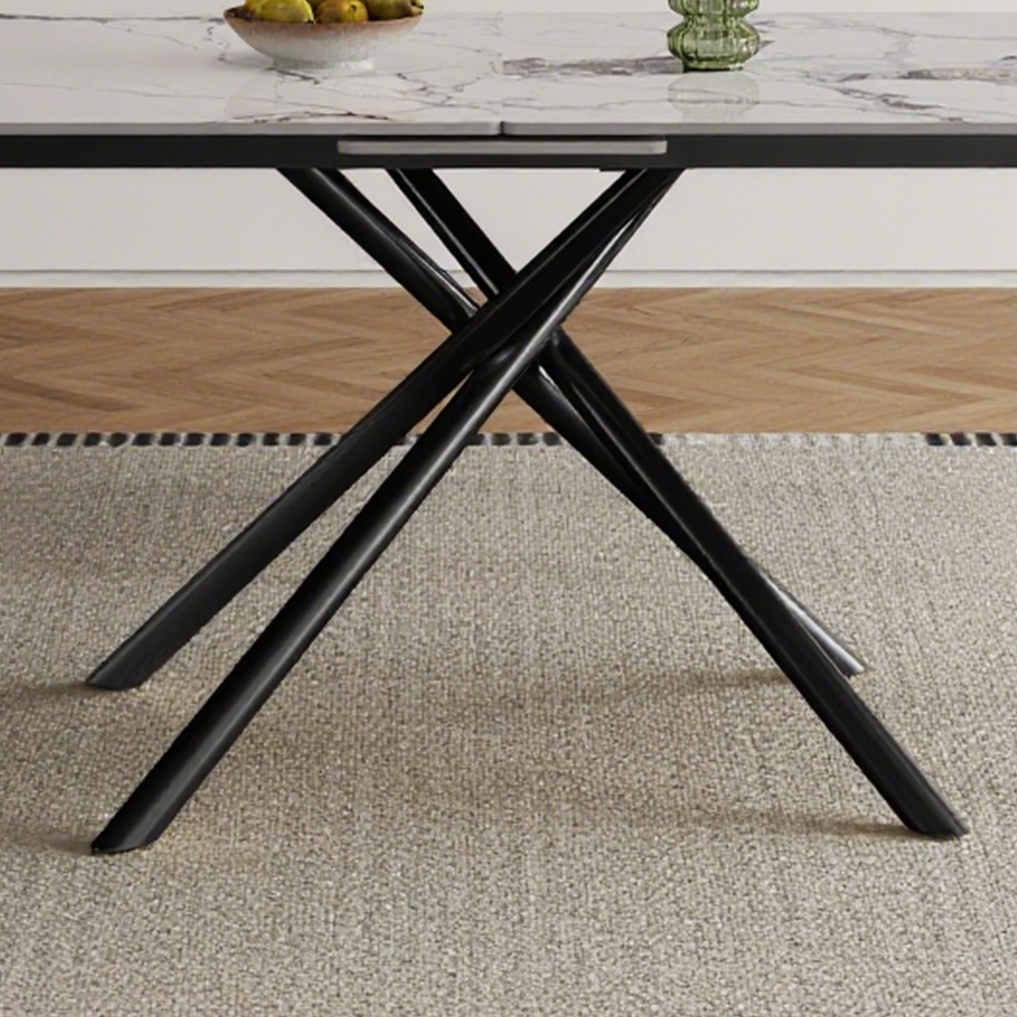 59-inch Modern Rectangle Expandable Dining Table With Retractable Leaf  Sintered Stone Top & Black Carbon Steel X-Base  Sturdy 4-6 Person Table For Small Apartments  Kitchen  Dining Room
