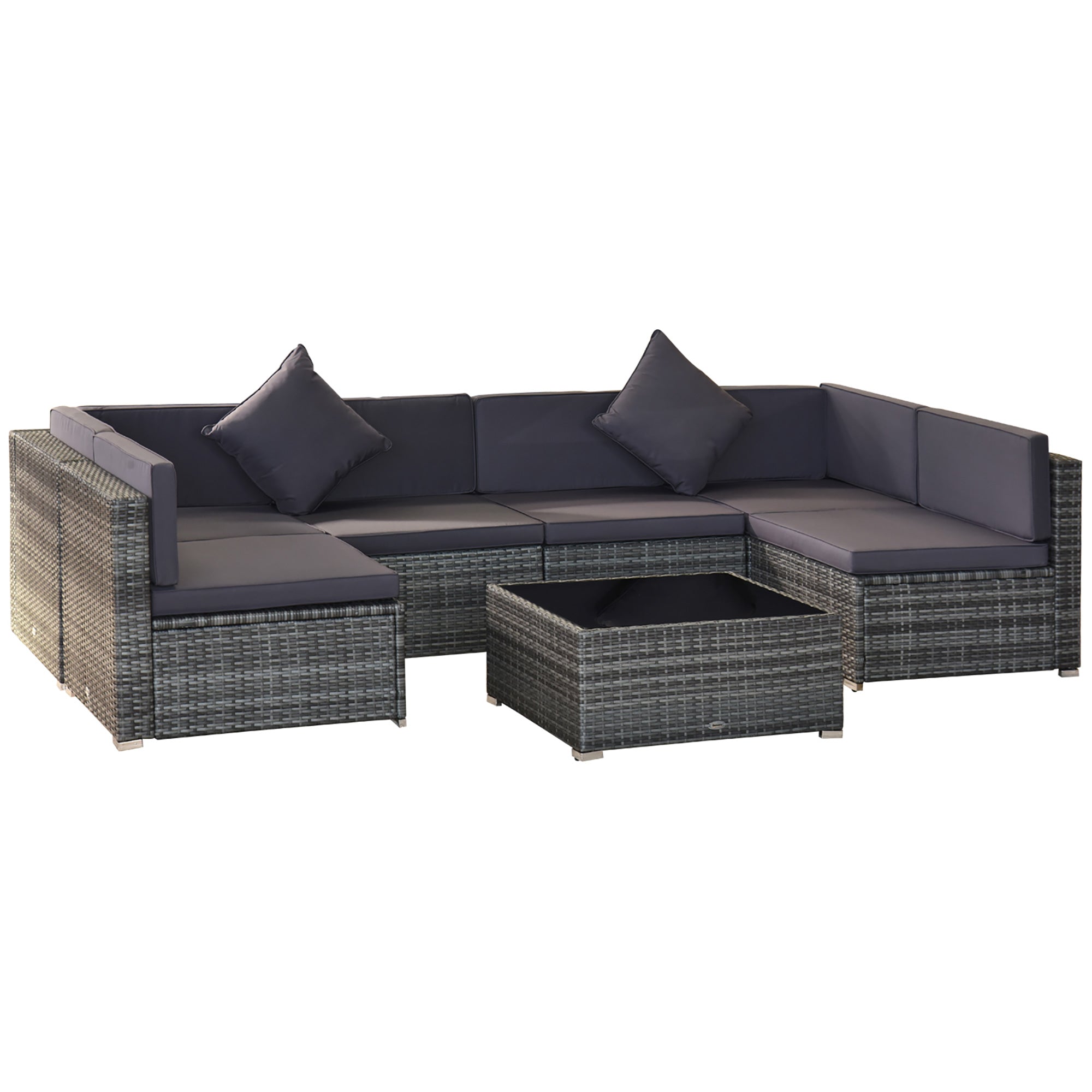 7-Piece Patio Furniture Set, Outdoor Wicker Conversation Set, All Weather PE Rattan Sectional Sofa Set with Cushions and Tempered Glass Top Coffee Table, Pillows, Gray