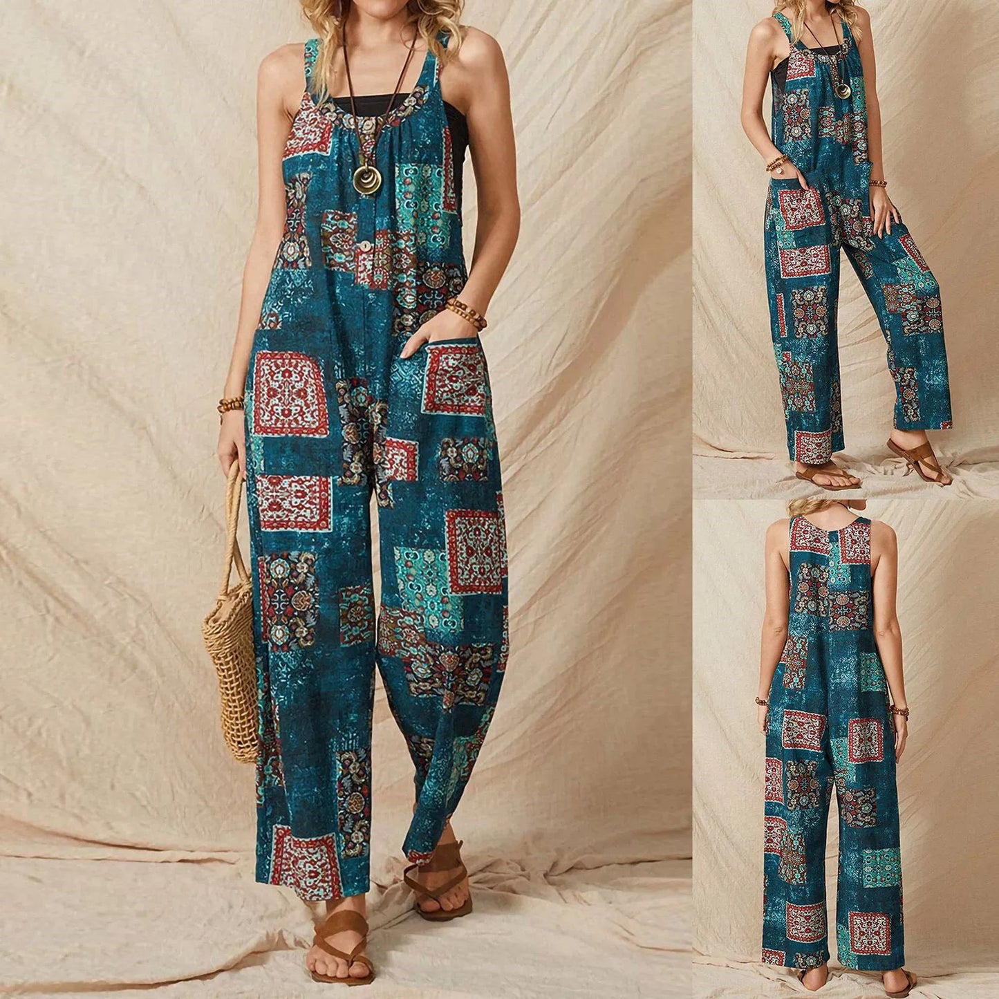 Women's Loose Vintage Print Jumpsuit