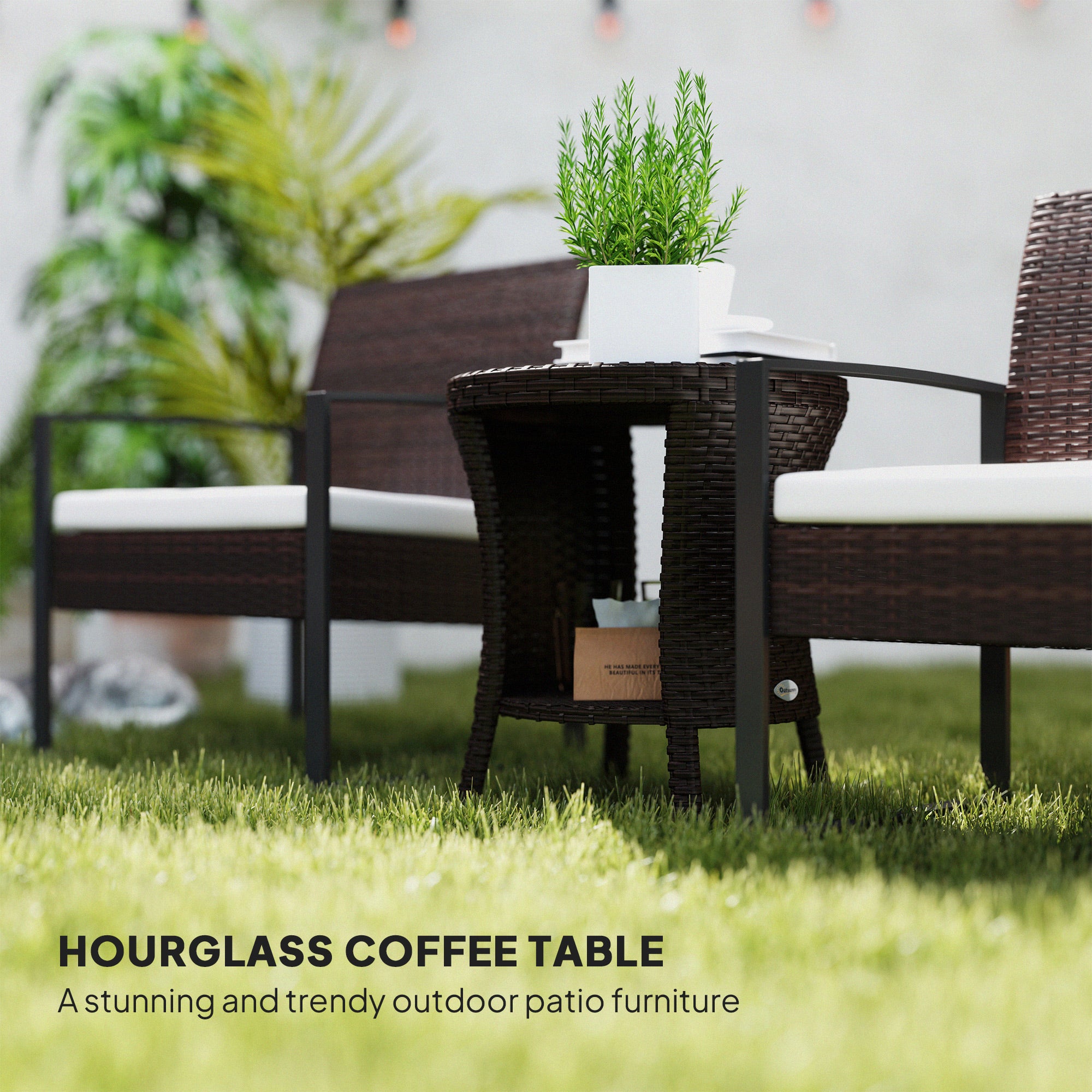 18" Wicker Outdoor Coffee Table, PE Rattan Patio Side Table with 2-Tier Storage, Composite Wood Top, Mixed Brown