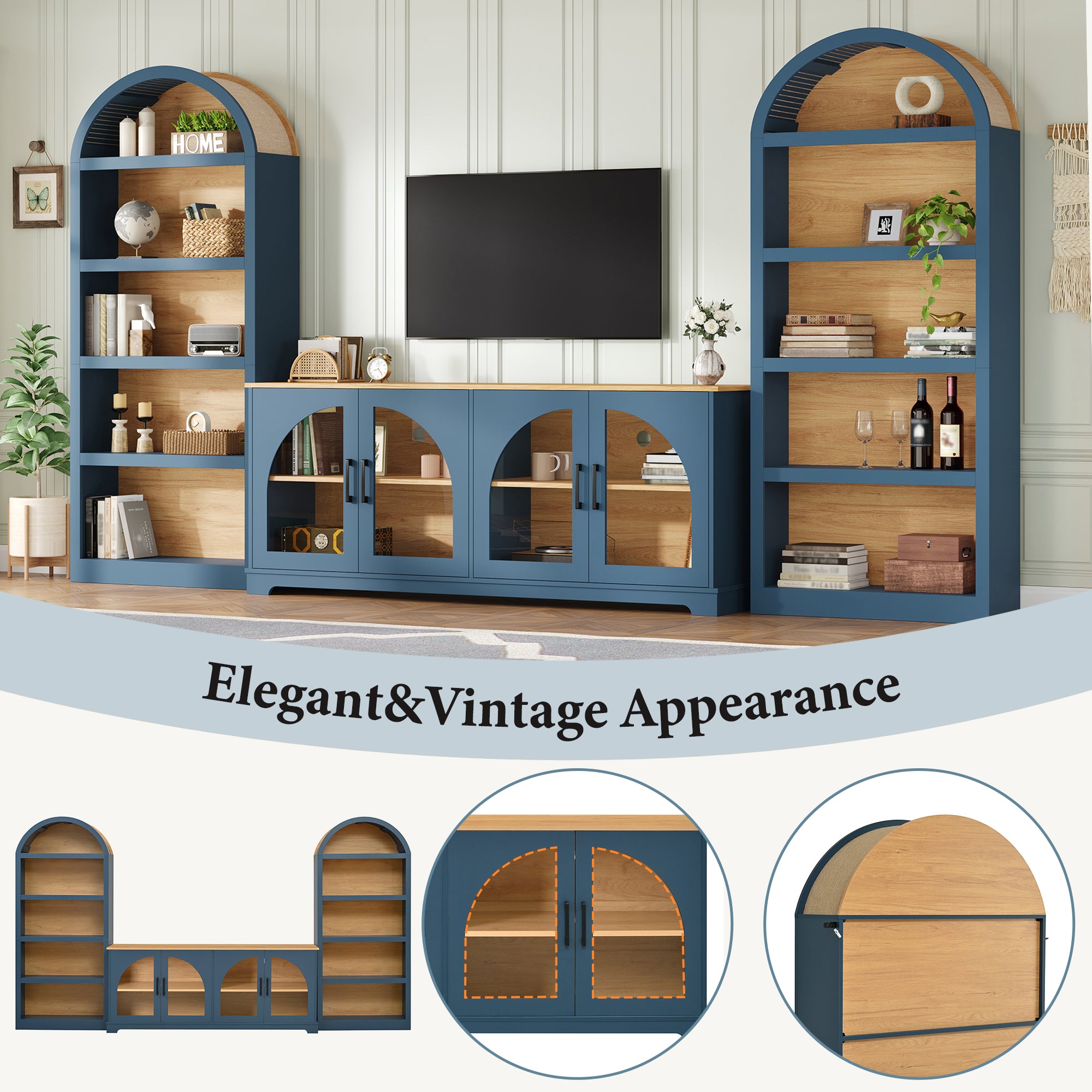 3-Piece Retro TV Stand Set With Bookshelf For TVs Up To 70, Two-Tone Wood Grain Entertainment Center With Arched Design, Farmhouse Sideboard With Tempered Glass Doors For Living Room, Blue Natural