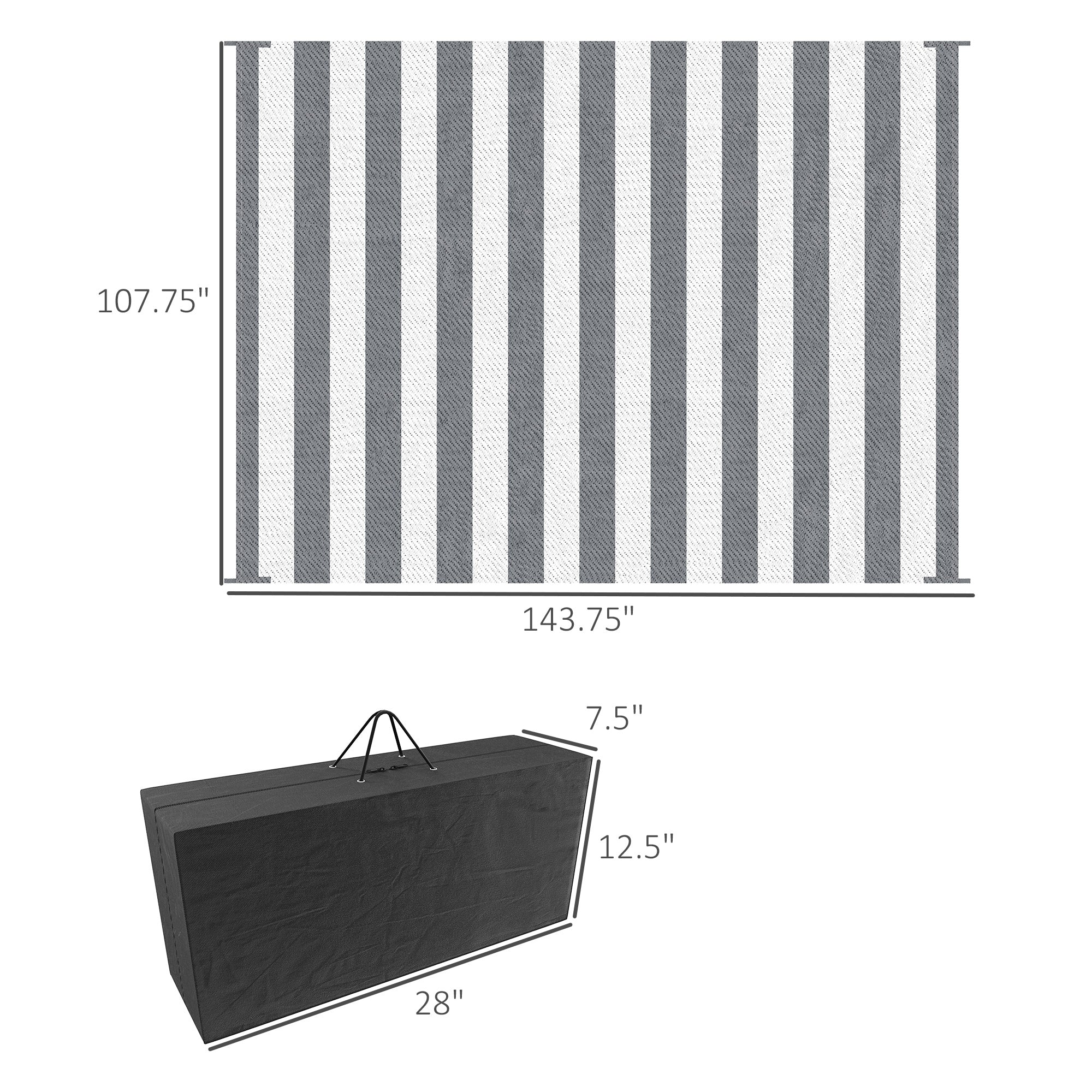 Reversible Outdoor Rug, 9' x 12' Waterproof Plastic Straw Floor Mat, Portable RV Camping Carpet, Large Floor Mat for Backyard, Deck, Picnic, Beach, Gray & White Striped