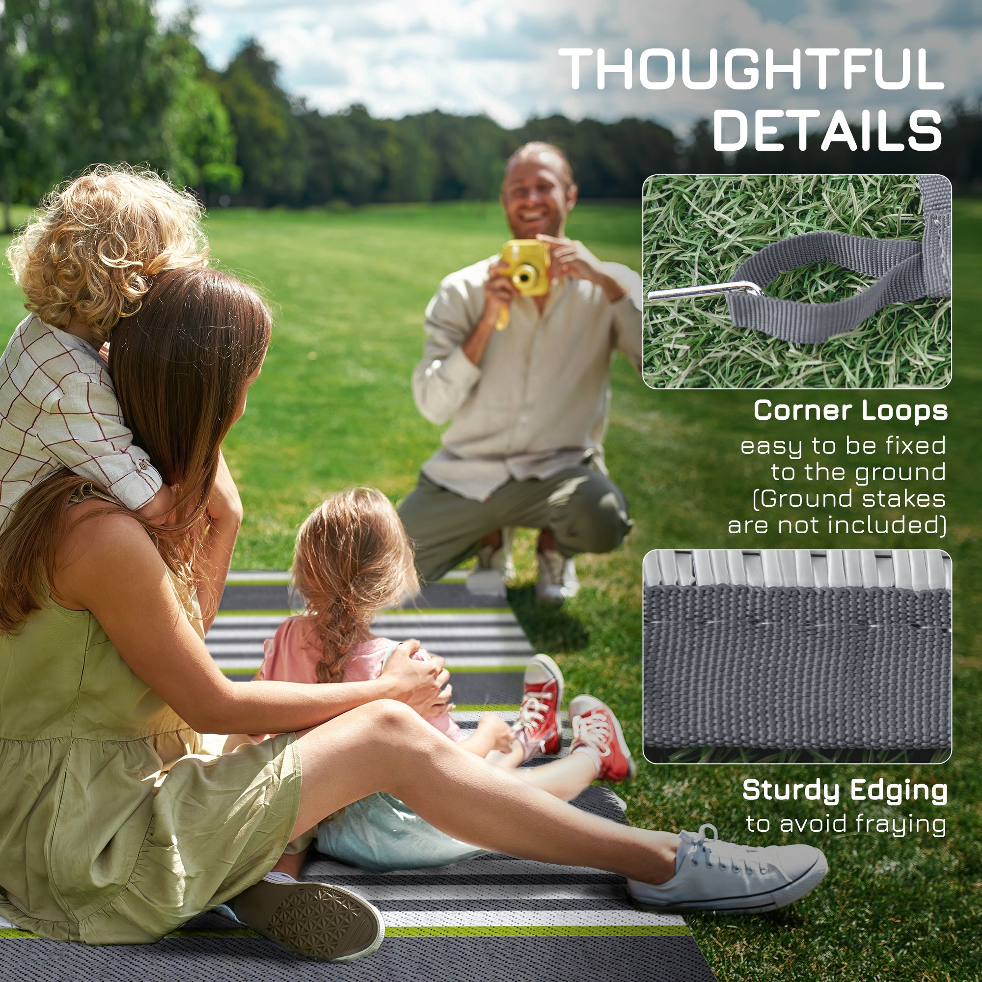 Reversible Outdoor Rug, 9' x 12' Waterproof Plastic Straw Floor Mat, Portable RV Camping Carpet, Large Floor Mat for Backyard, Deck, Picnic, Beach, Green & Gray Stripes