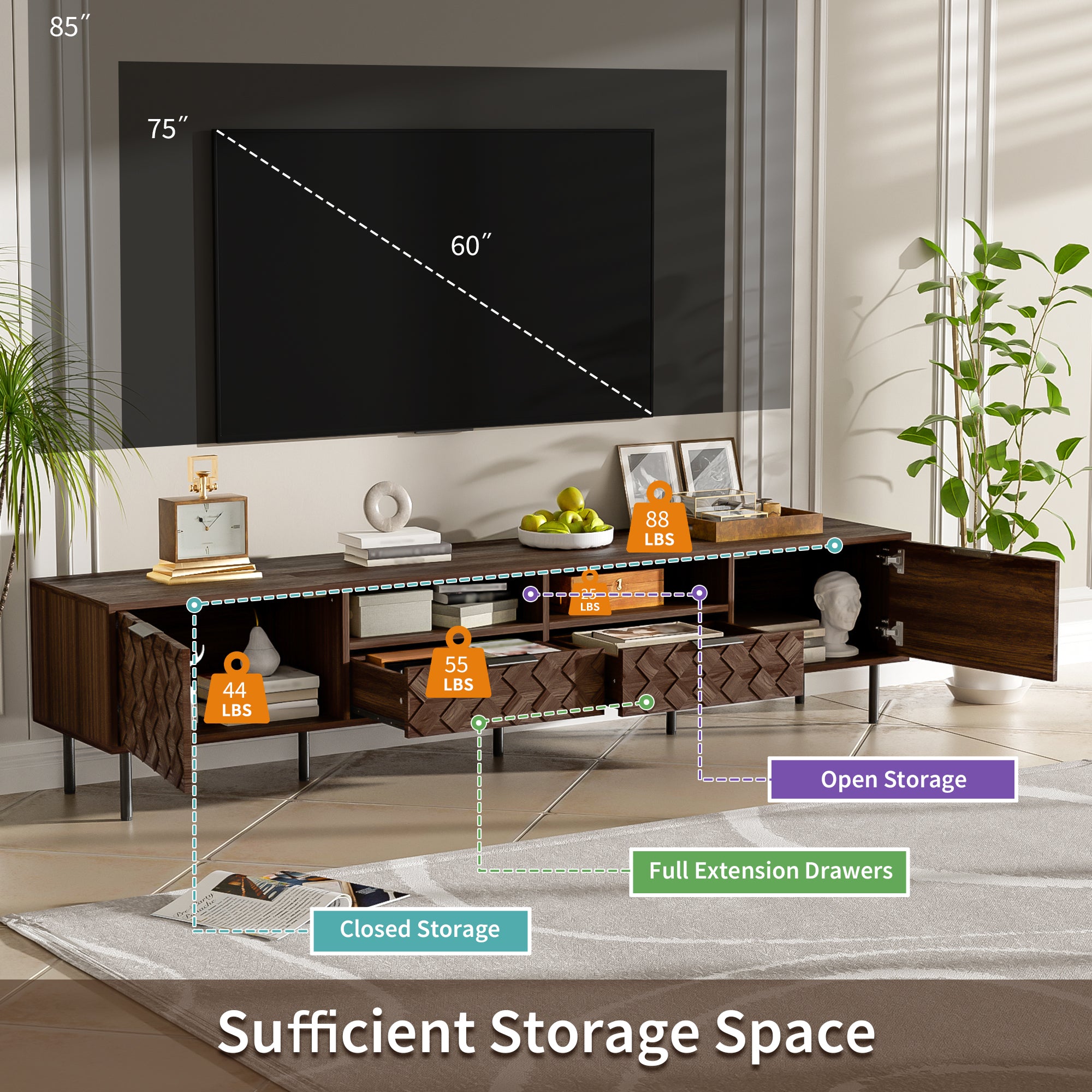 78 Inch Modern TV Stand For TVs Up To 85, Entertainment Center With Closed Storage & Cable Management, Soft-Closing Hinges, Iron Legs For Living Room