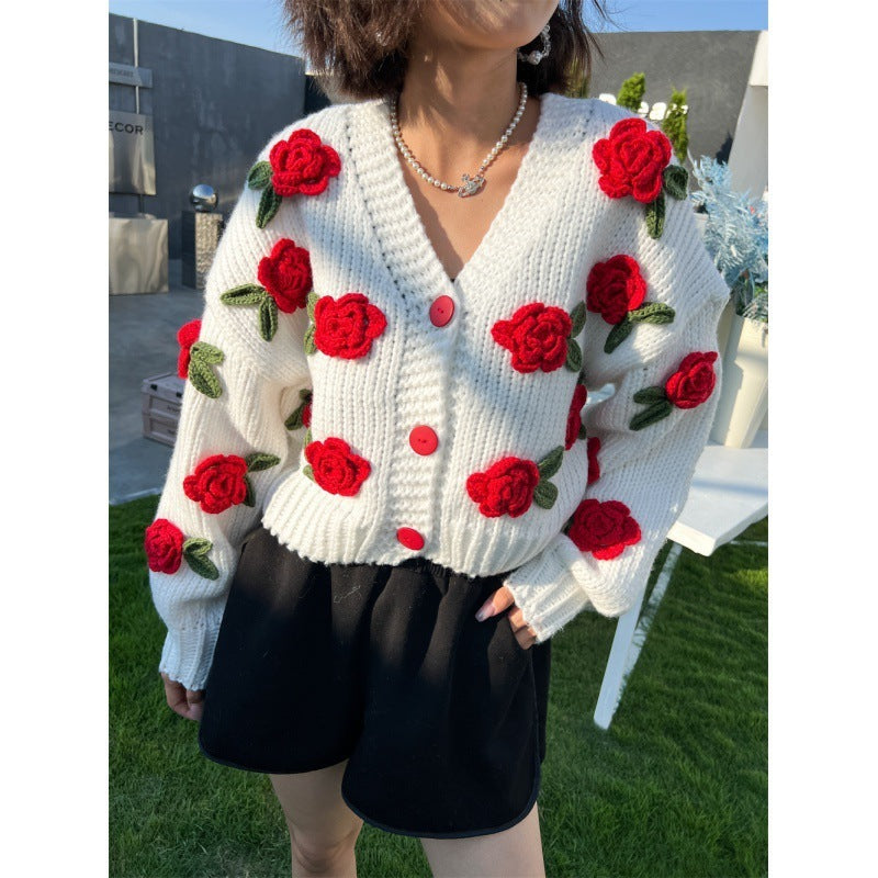 New Knitting Needle Sweater Thick Knitted Cardigan Three-dimensional Rose Flower Sweet Coat For Women