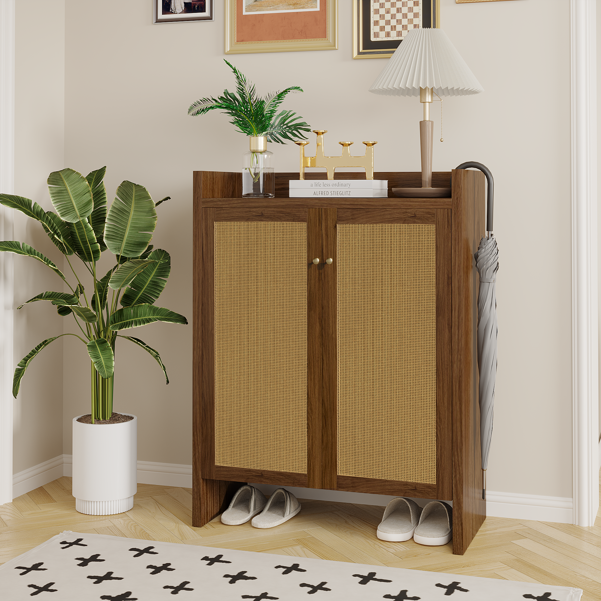 42.5 Tall Rattan Shoe Cabinet With Doors, 6-Tier Shoe Storage Cabinet With Adjustable Shelves, Wooden Freestanding Shoe Organizer Shoe Cabinet For Entryway,Hallway,Living Room Walnut