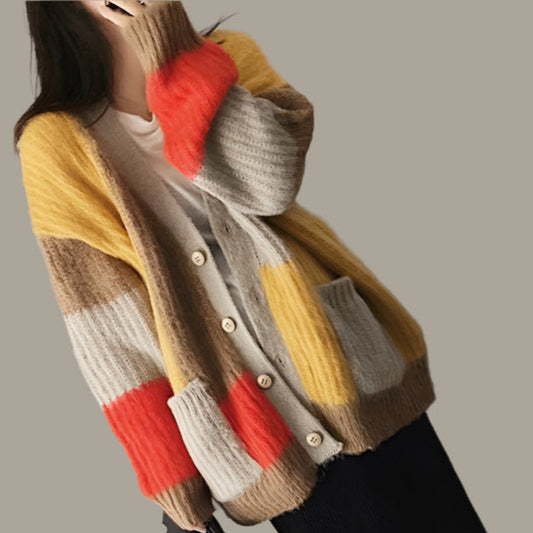 Lazy Wind Match Color Knitted Coat Women Loose V-neck Fashion Mid-length Sweater Cardigan