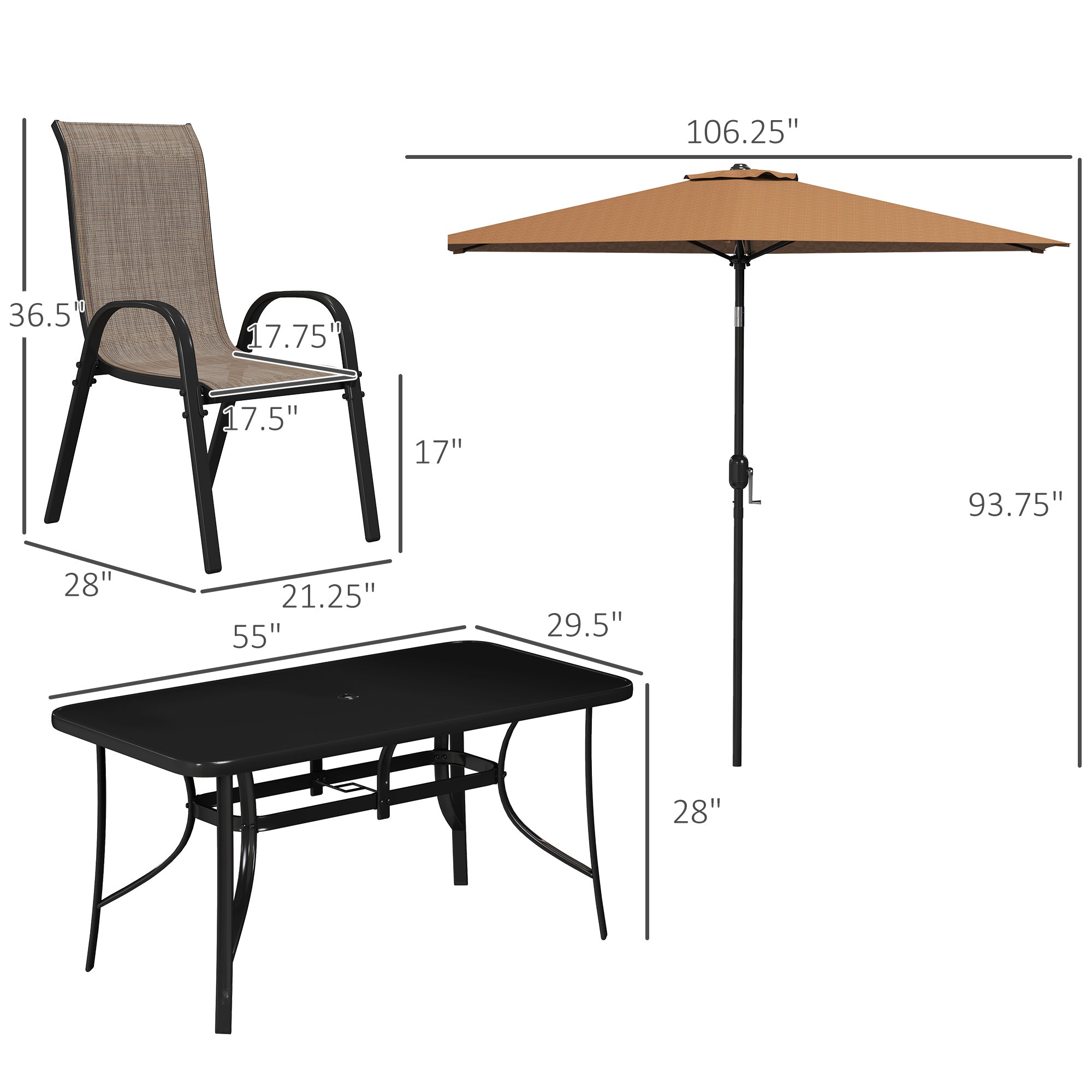 8 Pieces Patio Furniture Set with 9Ft Patio Umbrella, Outdoor Dining Table and Chairs, Light Mixed Brown