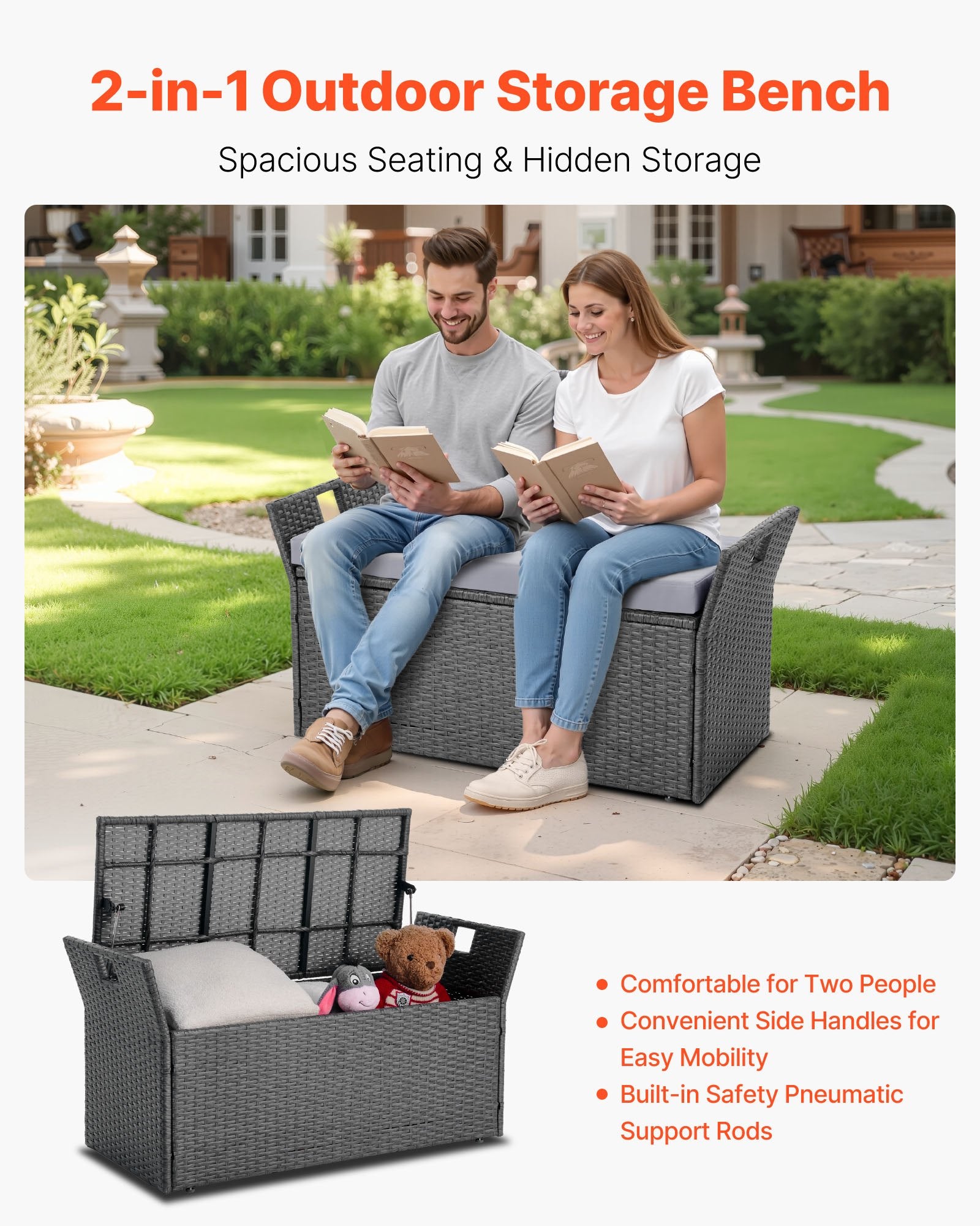 Outdoor Storage Bench PE Rattan 40Gal Deck Box Waterproof Outdoor Seat & Storage