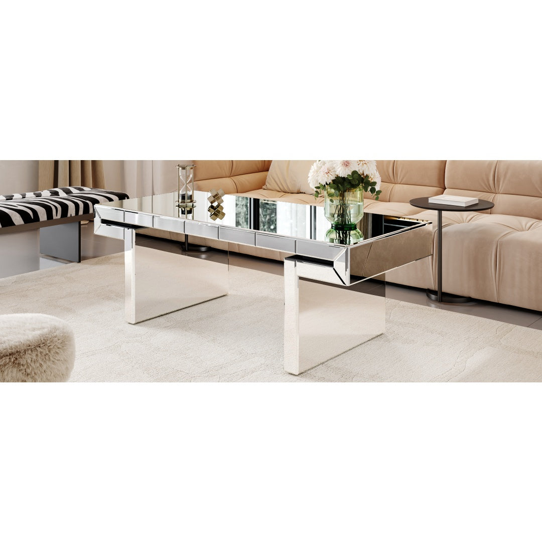 47 Inches Luxury Rectangular Mirror Coffee Table With Fluted Tempered Glass, Modern Sofa Side Table, Easy 2-Step Assembly, Light Luxury Style, Reinforced Packaging