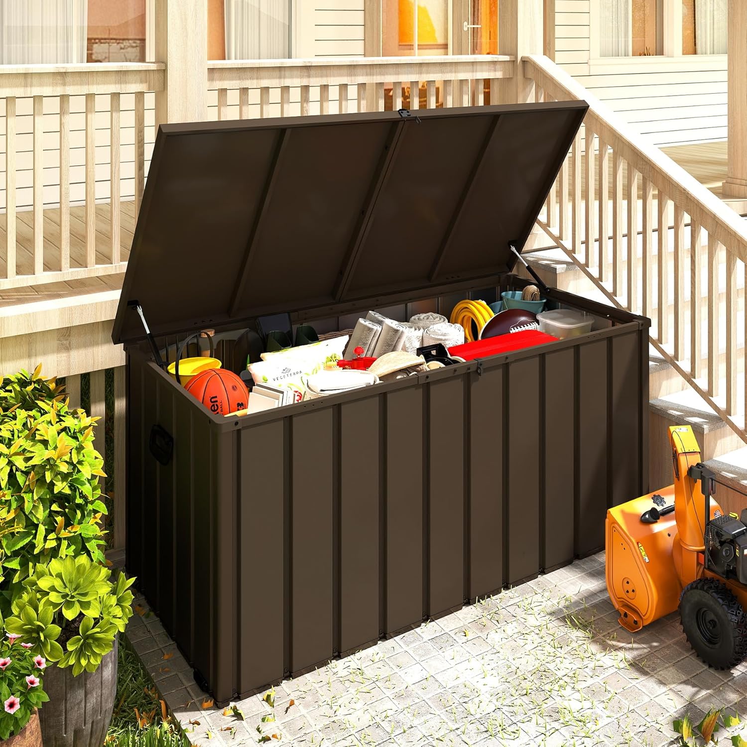 200 Gallon Metal Deck Box, Waterproof Outdoor Storage Box With Lockable Lid, Large Pool Storage Cabinet For Patio Furniture Garden Tools Pool-Supplies, Brown